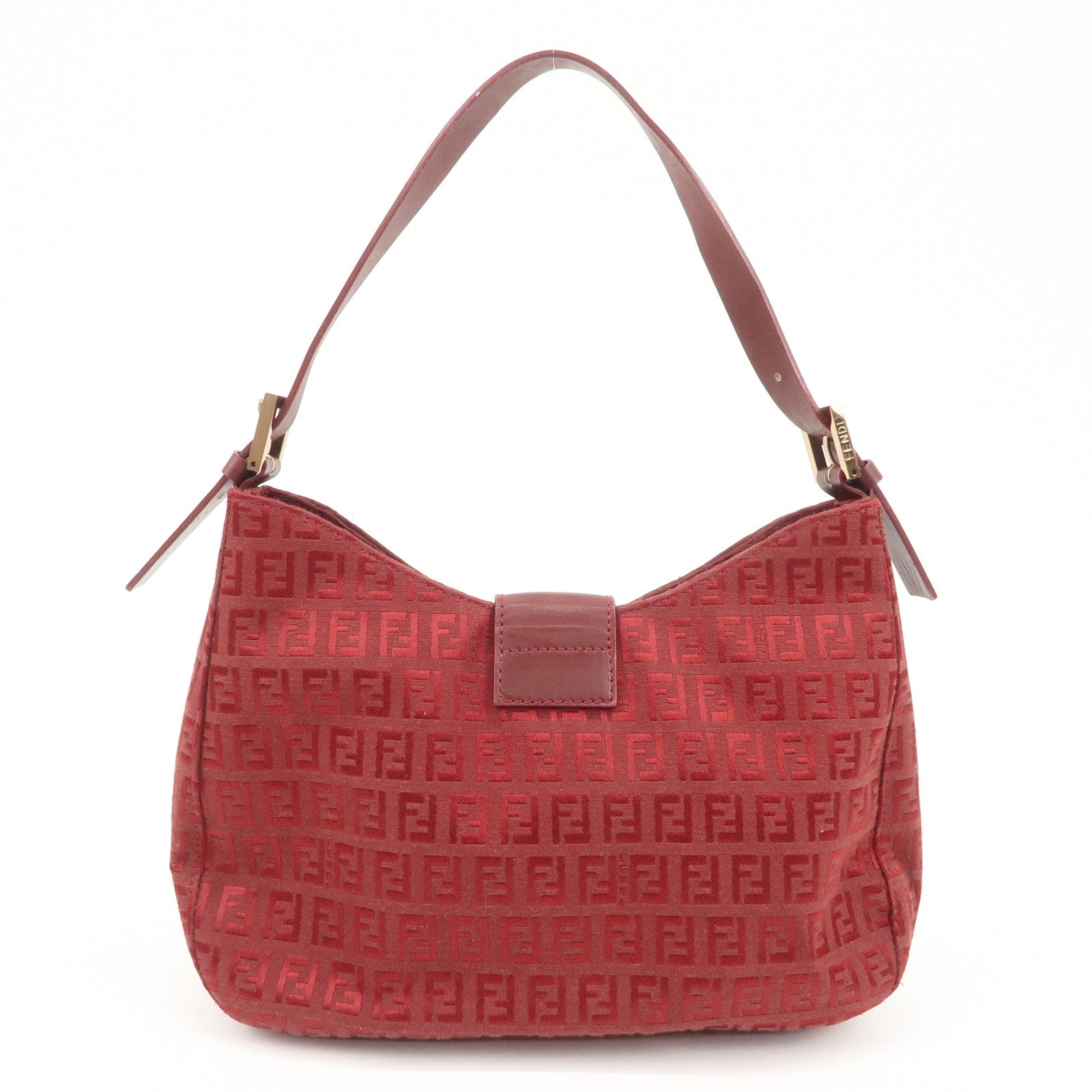 FENDI Zucchino Leather Canvas Shoulder Bag Hand Bag Red Used