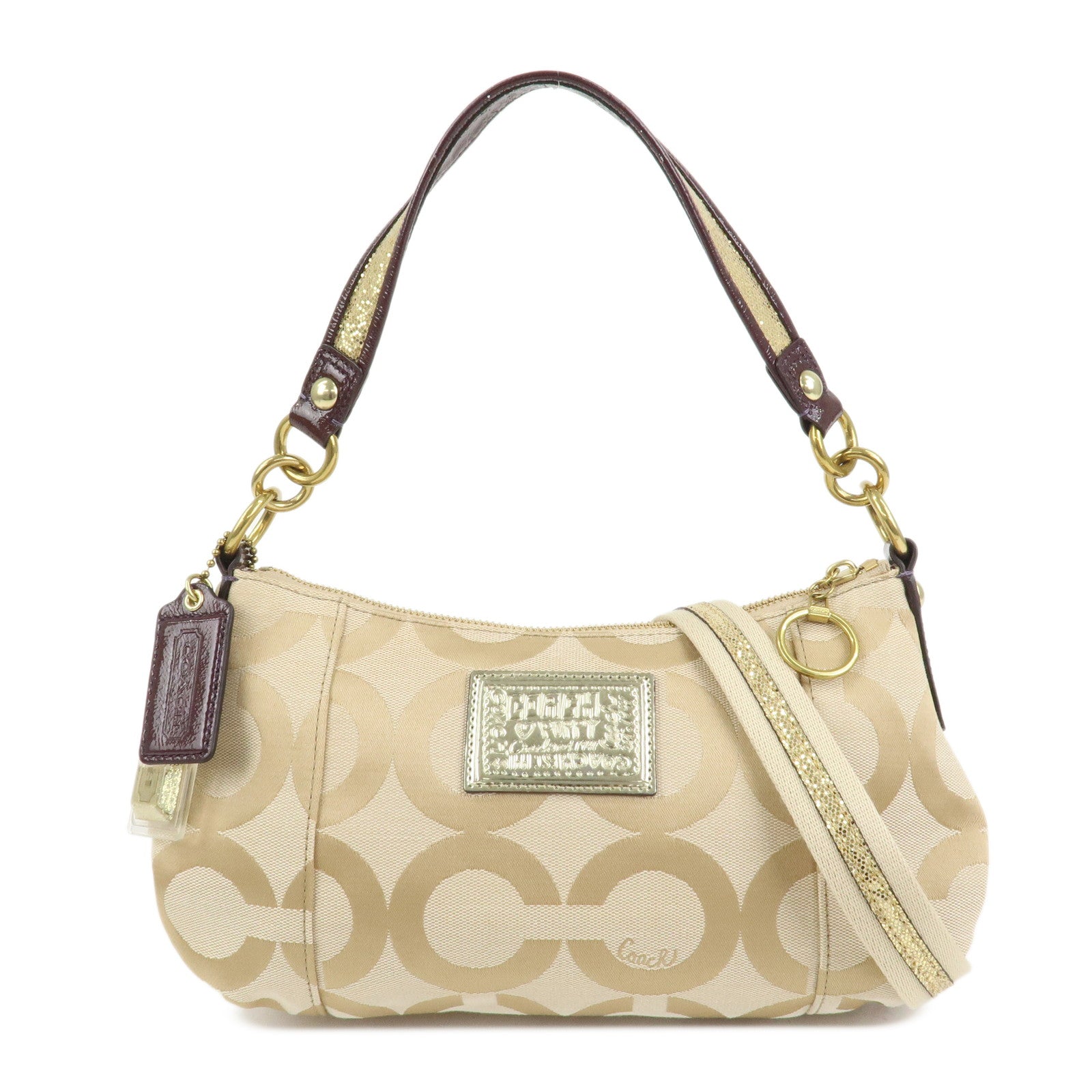 COACH POPPY Canvas Patent Leather 2Way Shoulder Bag Hand Bag Beige