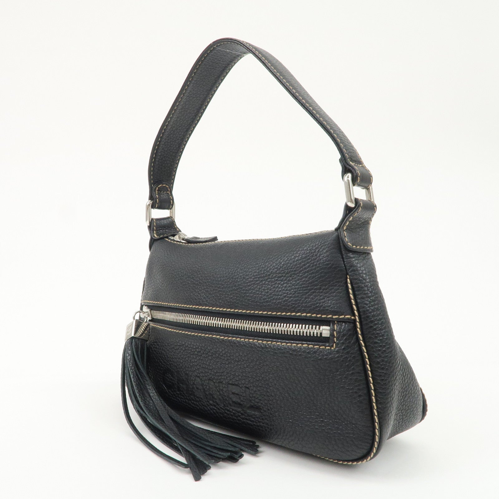 CHANEL Caviar Skin Leather Logo Fringe Shoulder Bag Gold HDW Black Used