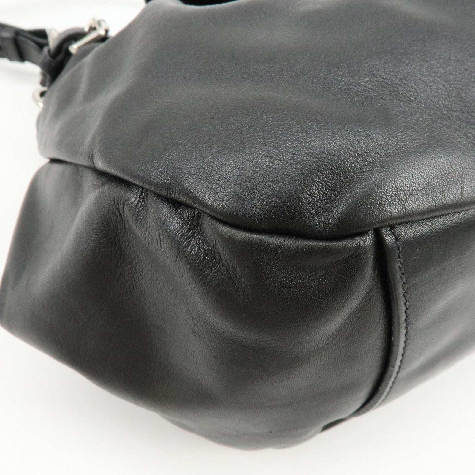 PRADA Logo Soft Calf Leather Side Belted Shoulder Bag Black BR3975