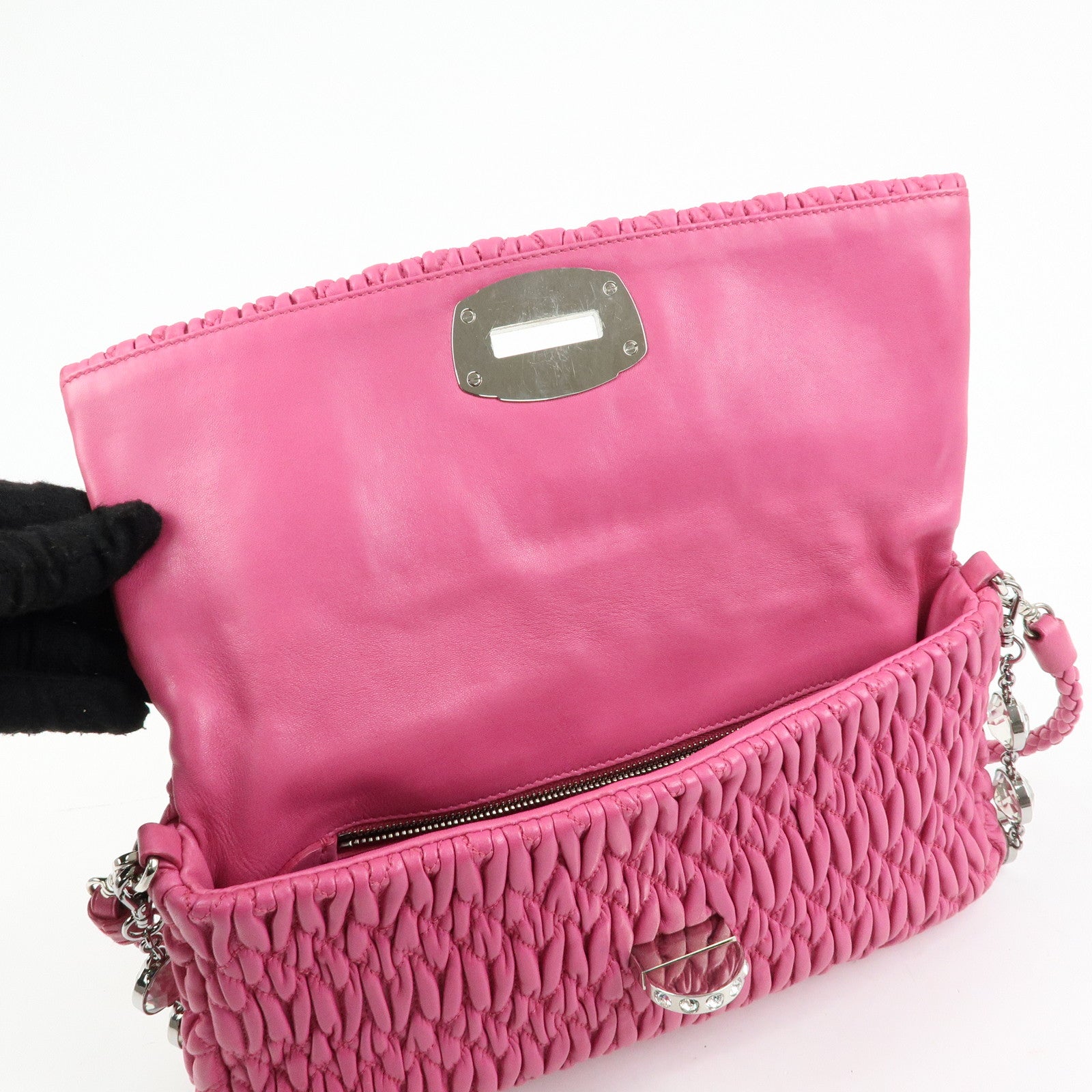MIU MIU Matelasse Nappa Leather Rhinestone 2Way Bag Pink RP0169