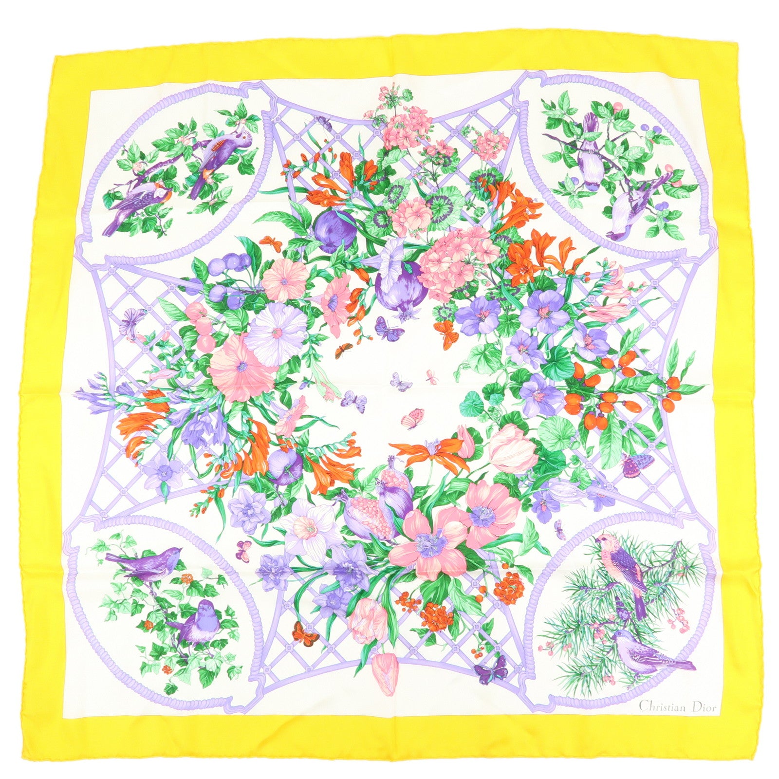 Christian Dior Silk 100% Scarf Botanical Pattern 87×87 White Yellow