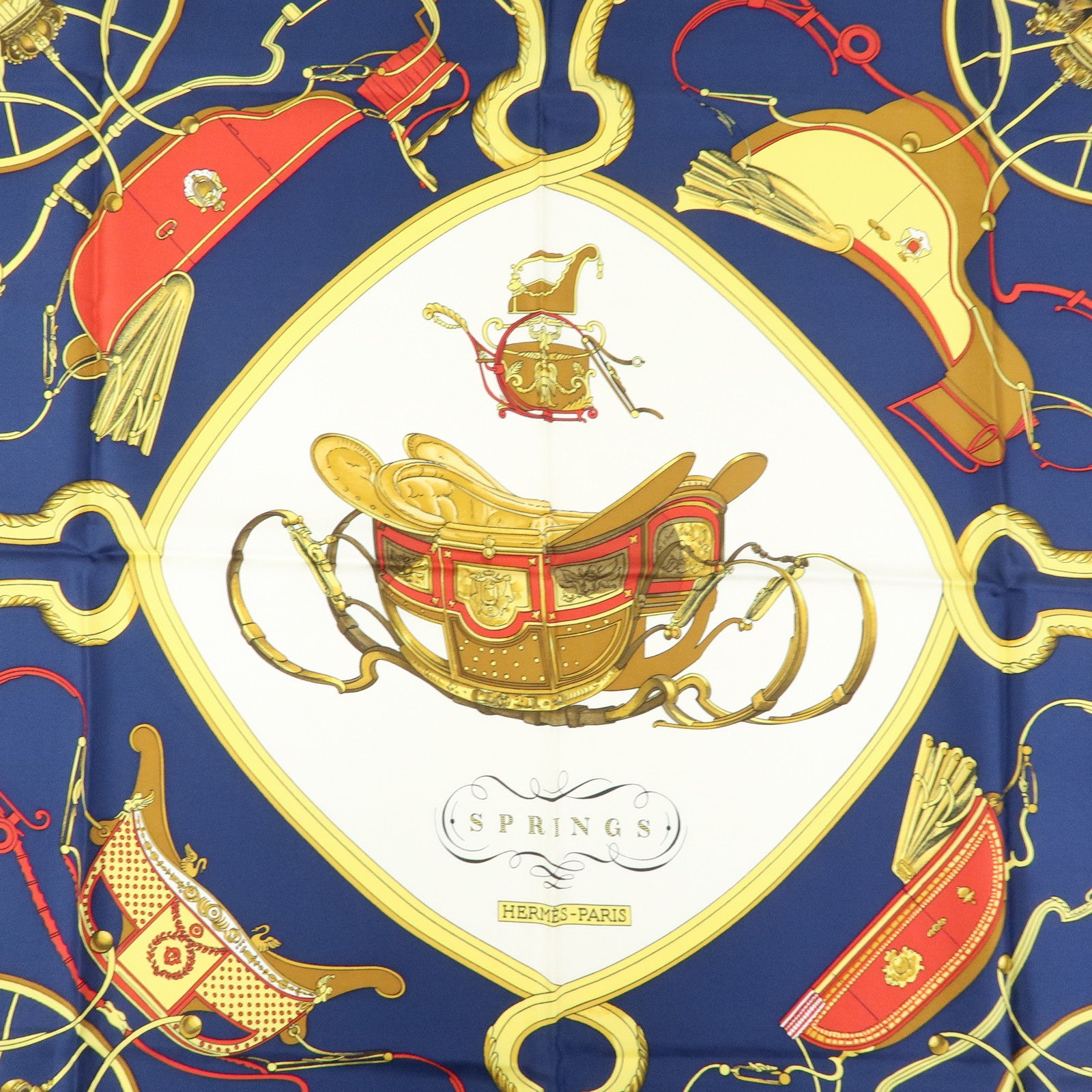 HERMES Carre 90 Silk 100% Scarf SPRINGS Navy Yellow White