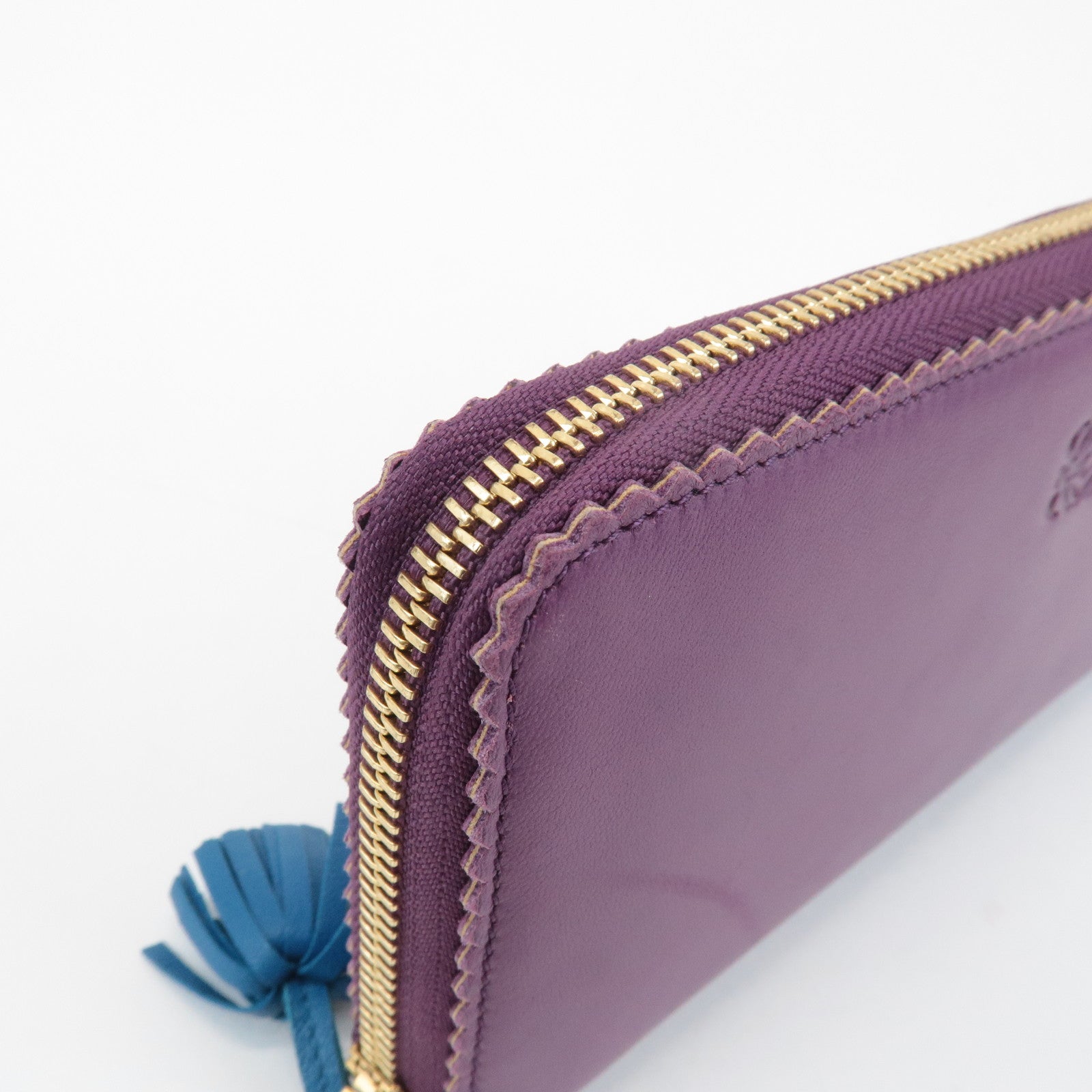 LOEWE Anagram Leather Round Zippy Long Wallet Purple Gold HDW Used