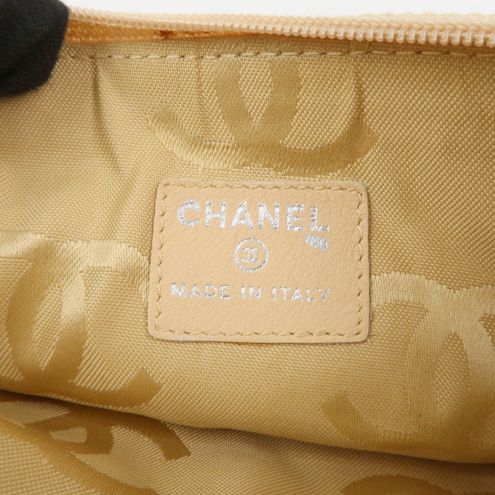 CHANEL Cambon Line Lamb Skin Cosmetic Pouch Makeup Bag Beige Black