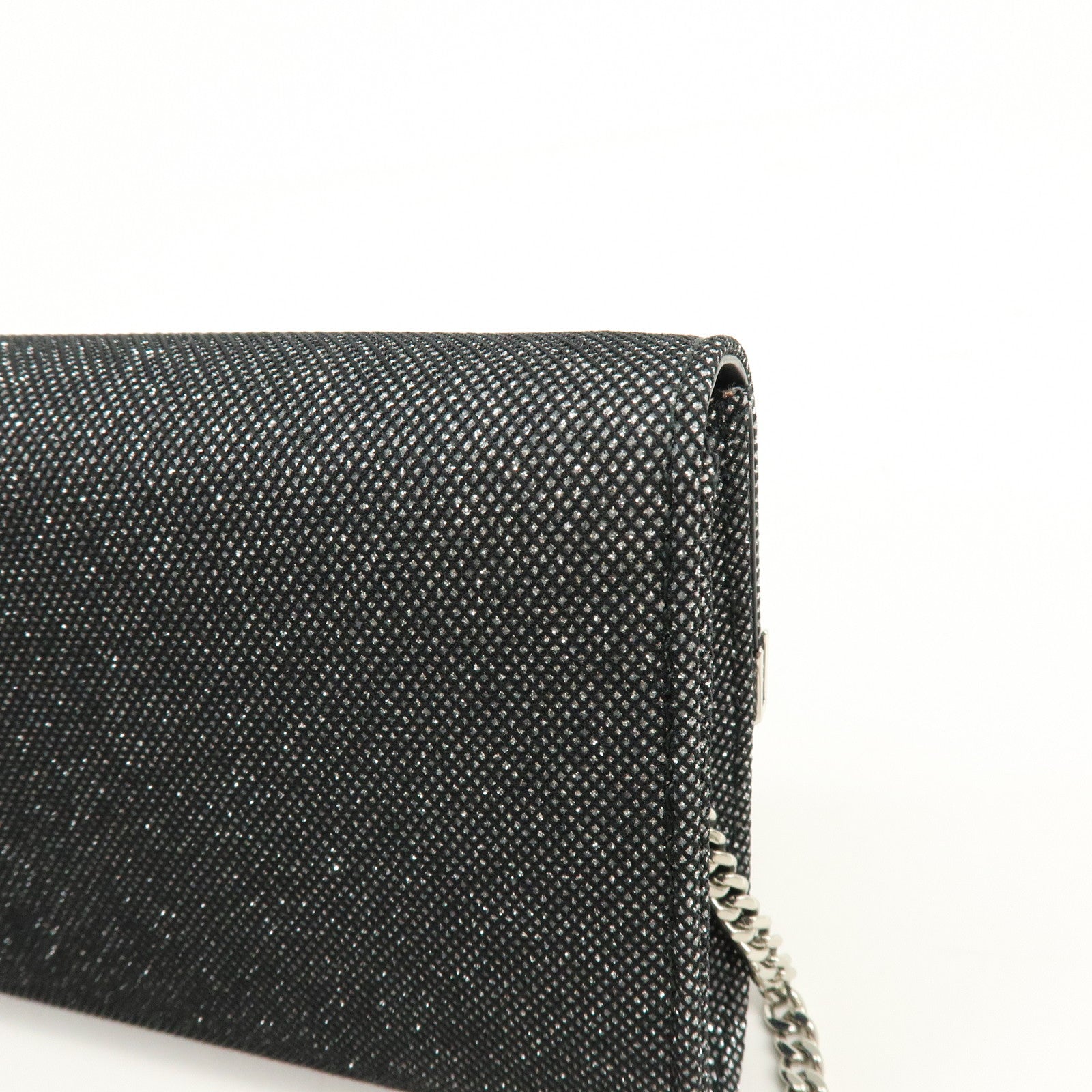 JIMMY CHOO Emmie Canvas Leather Chain Shoulder Bag Silver Black