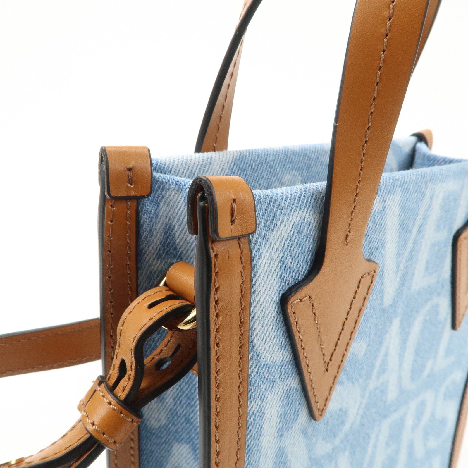 GIANNI VERSACE Leather Denim 2Way Hand Bag Shoulder Bag Blue Brown Used