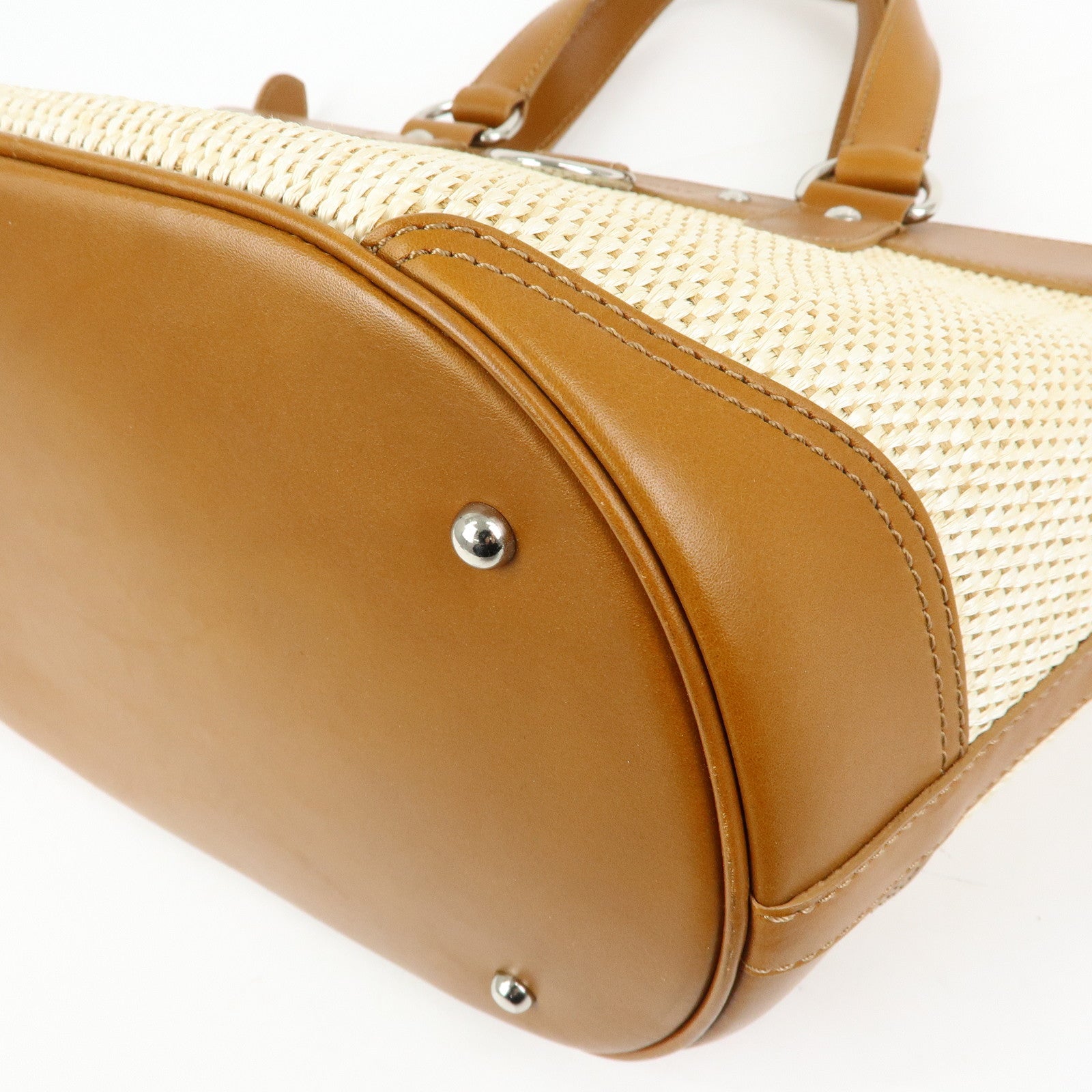 BURBERRY Straw Canvas Leather Tote Bag Shoulder Bag Natural Brown