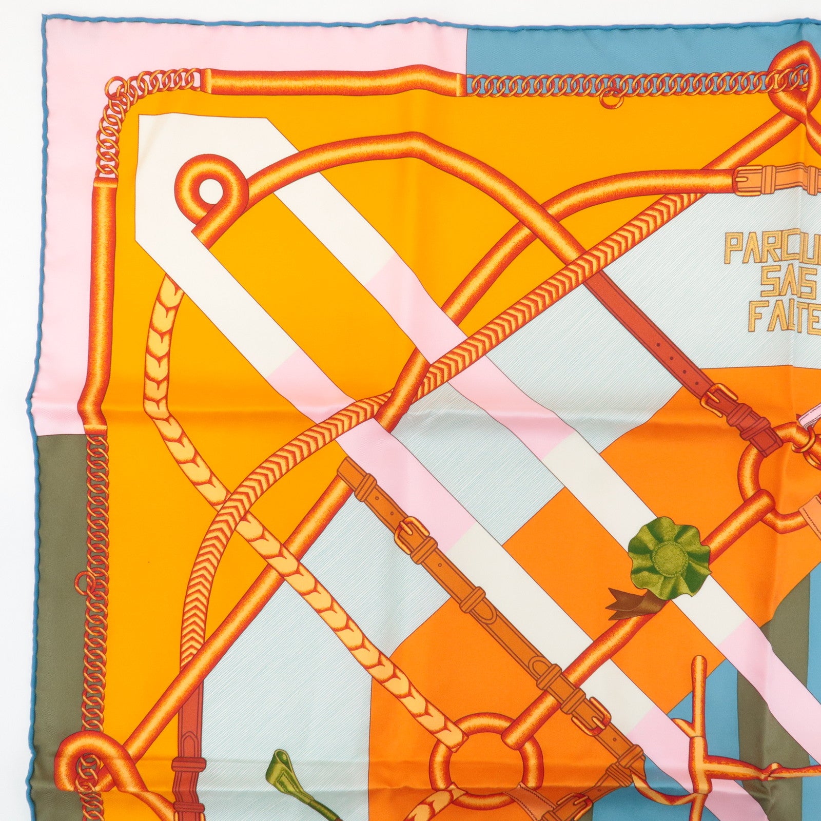 HERMES Carre 90 Silk 100% Scarf PARCOURS SANS FAUTE Orange Blue Used