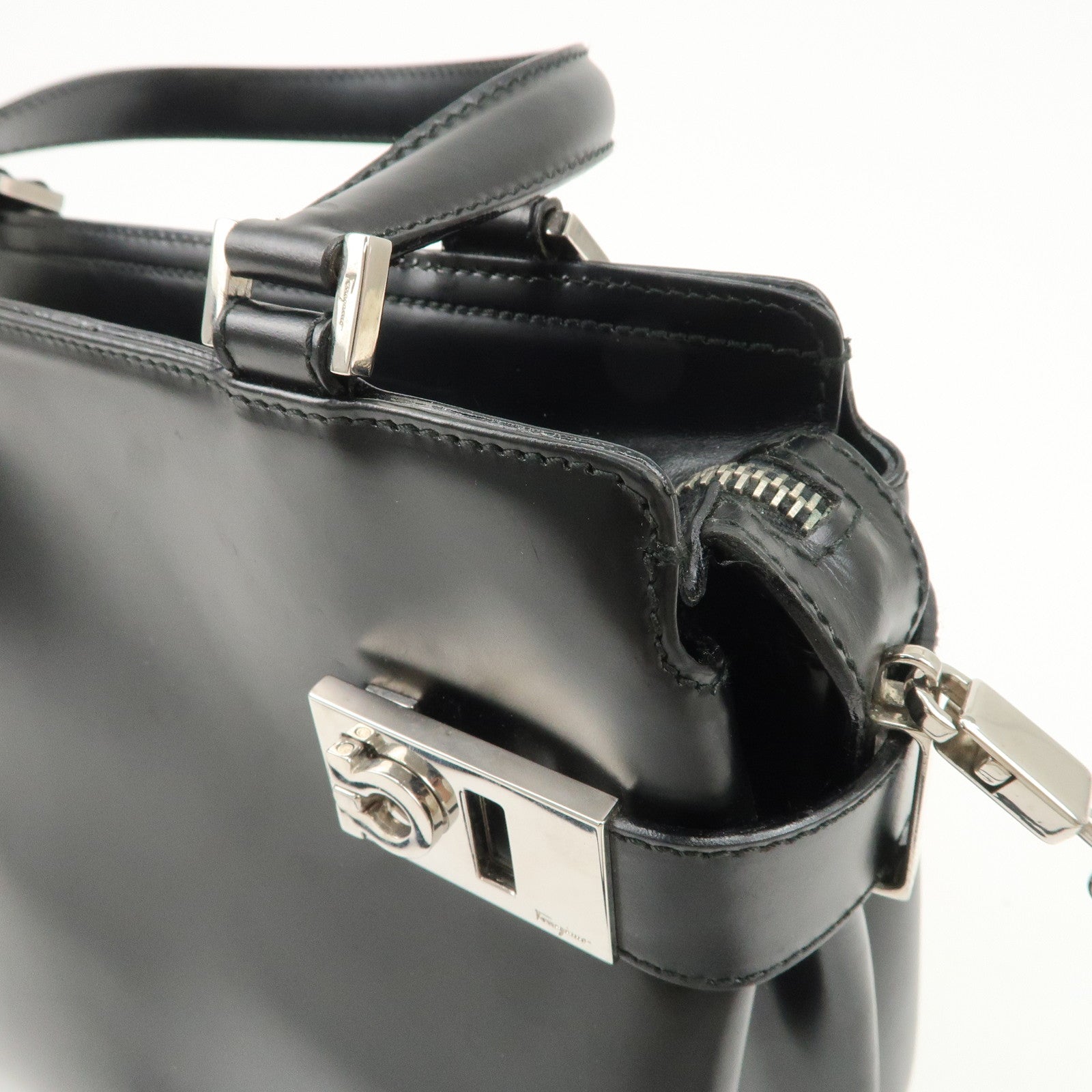 Ferragamo Gancini Leather 2Way Hand Bag Shoulder Bag Black Used