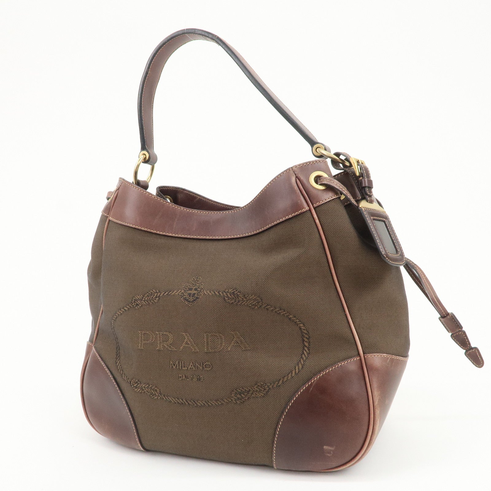 PRADA Triangle Logo Canvas Leather Shoulder Bag Hand Bag Brown