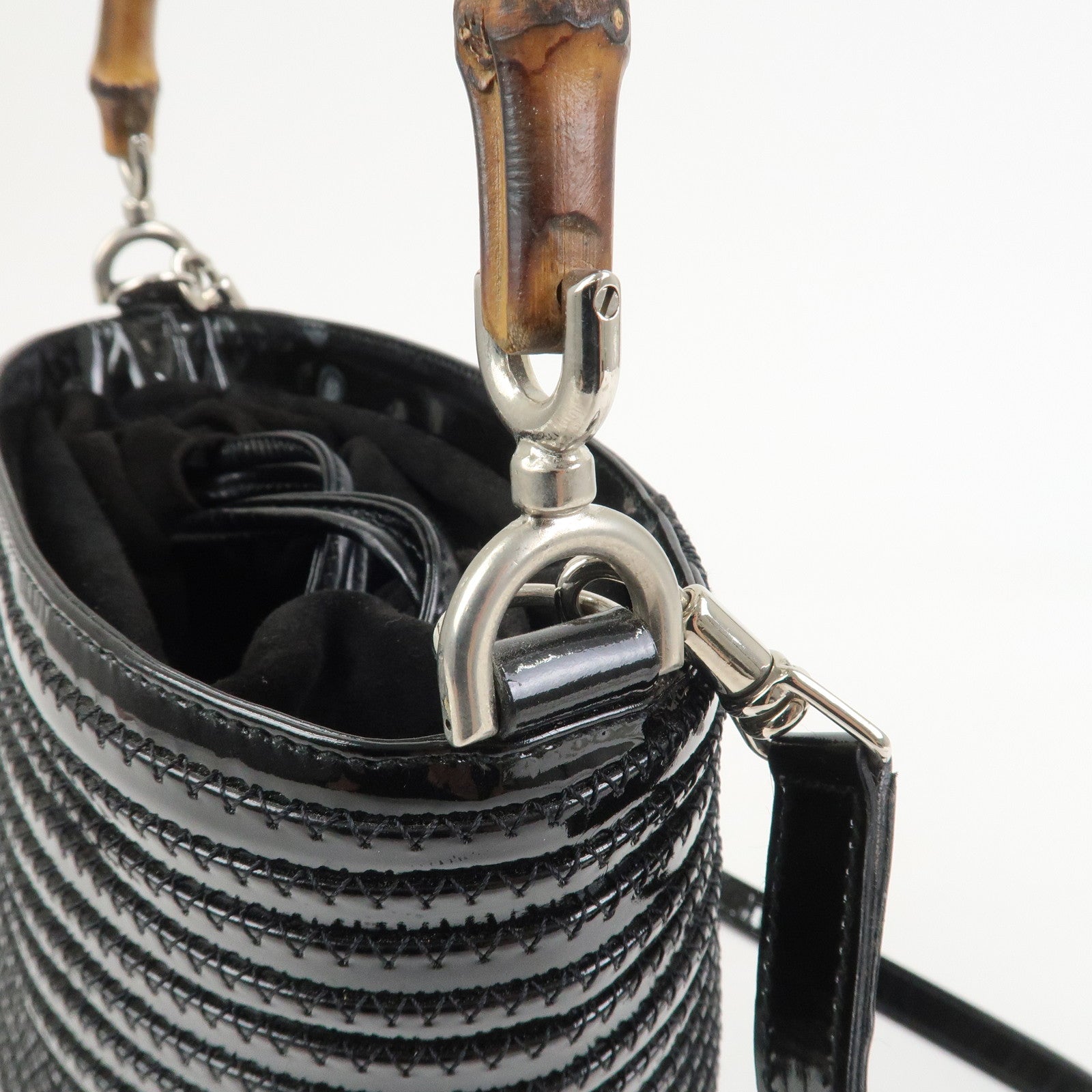 GUCCI Bamboo Patent Leather Suede 2WAY Bag Shoulder Bag Black 18128