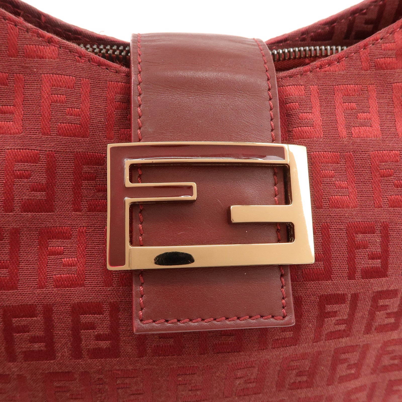 FENDI Zucchino Leather Canvas Shoulder Bag Hand Bag Red Used
