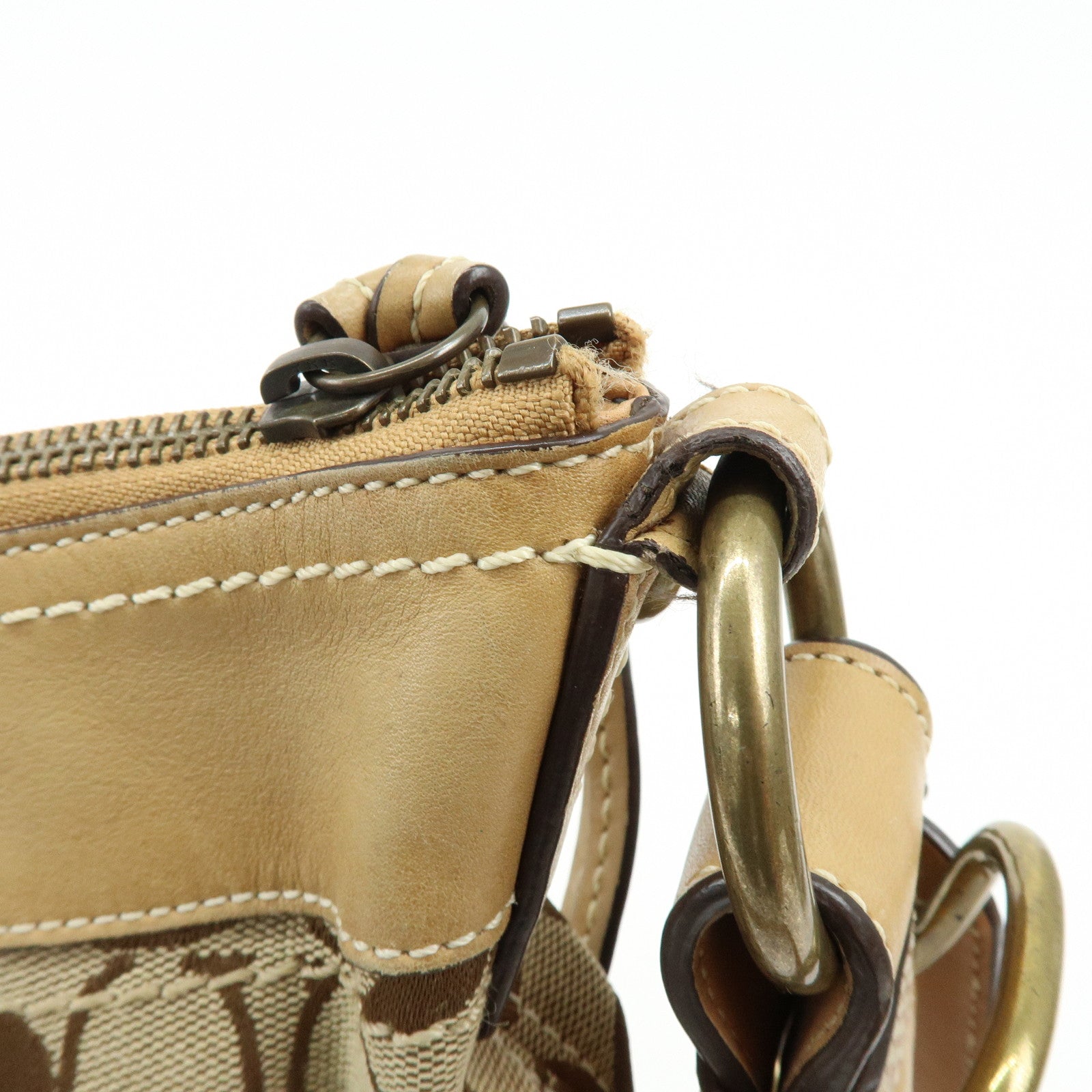 COACH Signature Set of 2 Canvas Leather Shoulder Bag Beige Camel