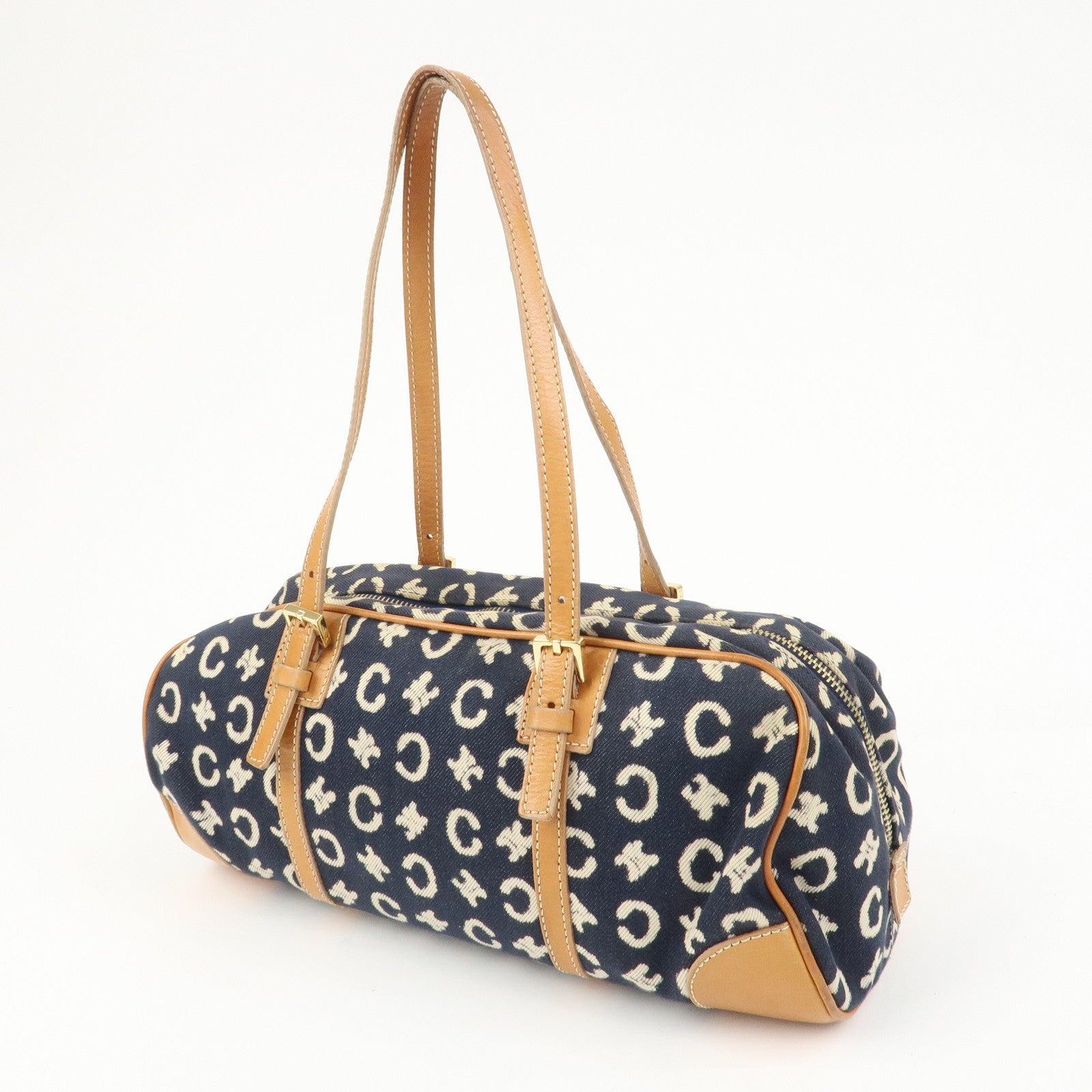 CELINE C Macadam Canvas Leather Shoulder Bag Hand Bag Navy