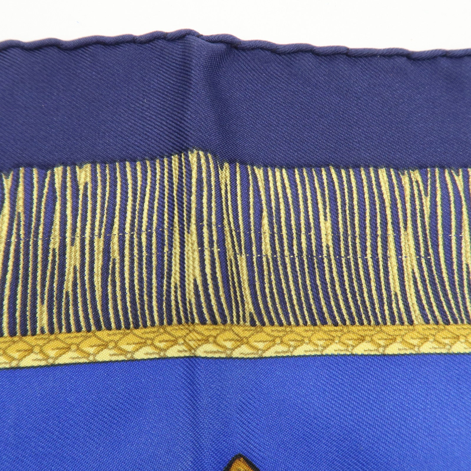 HERMES Carre 90 Silk 100% Paste et Bavalerie Scarf Blue Gold