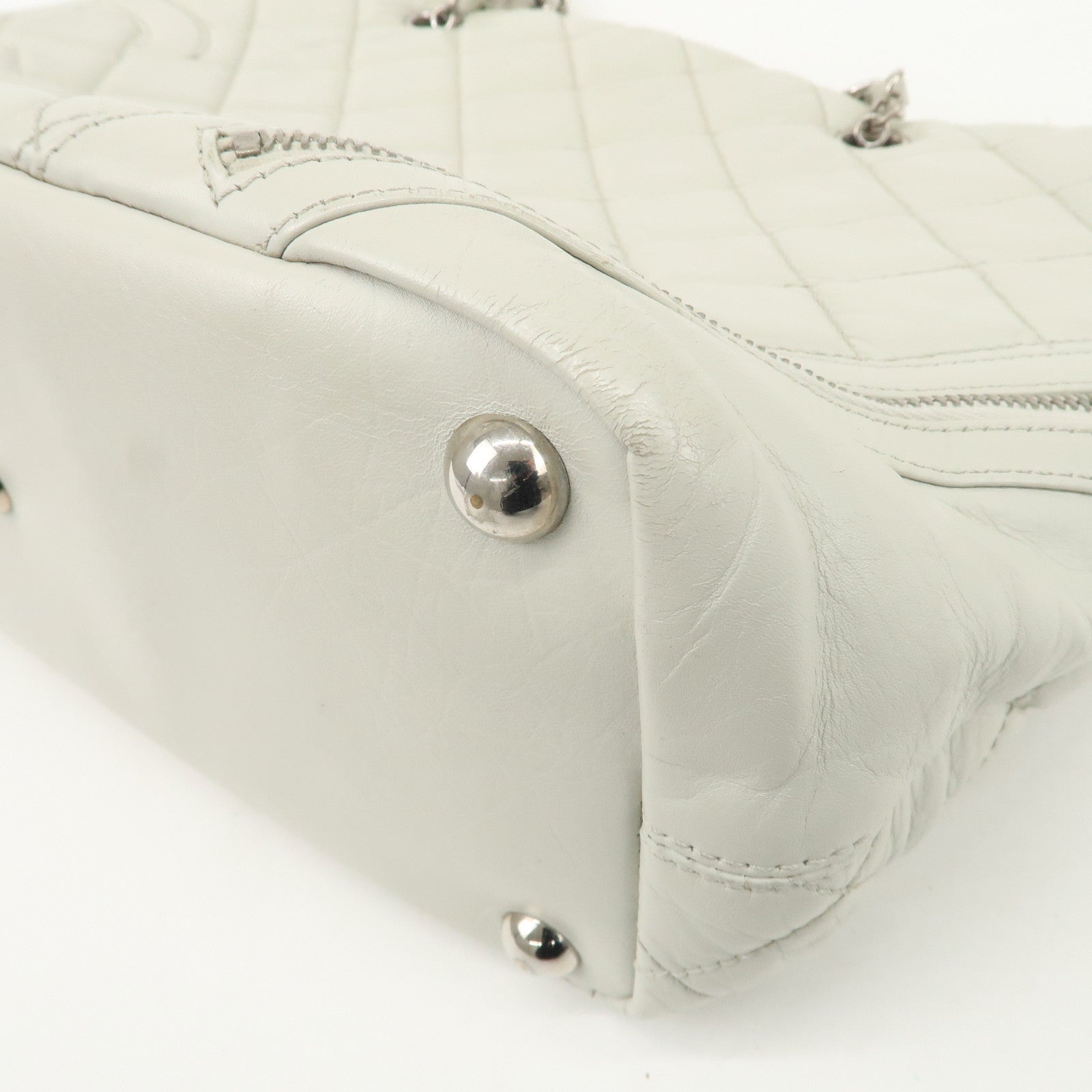 CHANEL Cambon Line Cotton Club Lamb Skin Shoulder Bag Hand Bag White A34318 Used