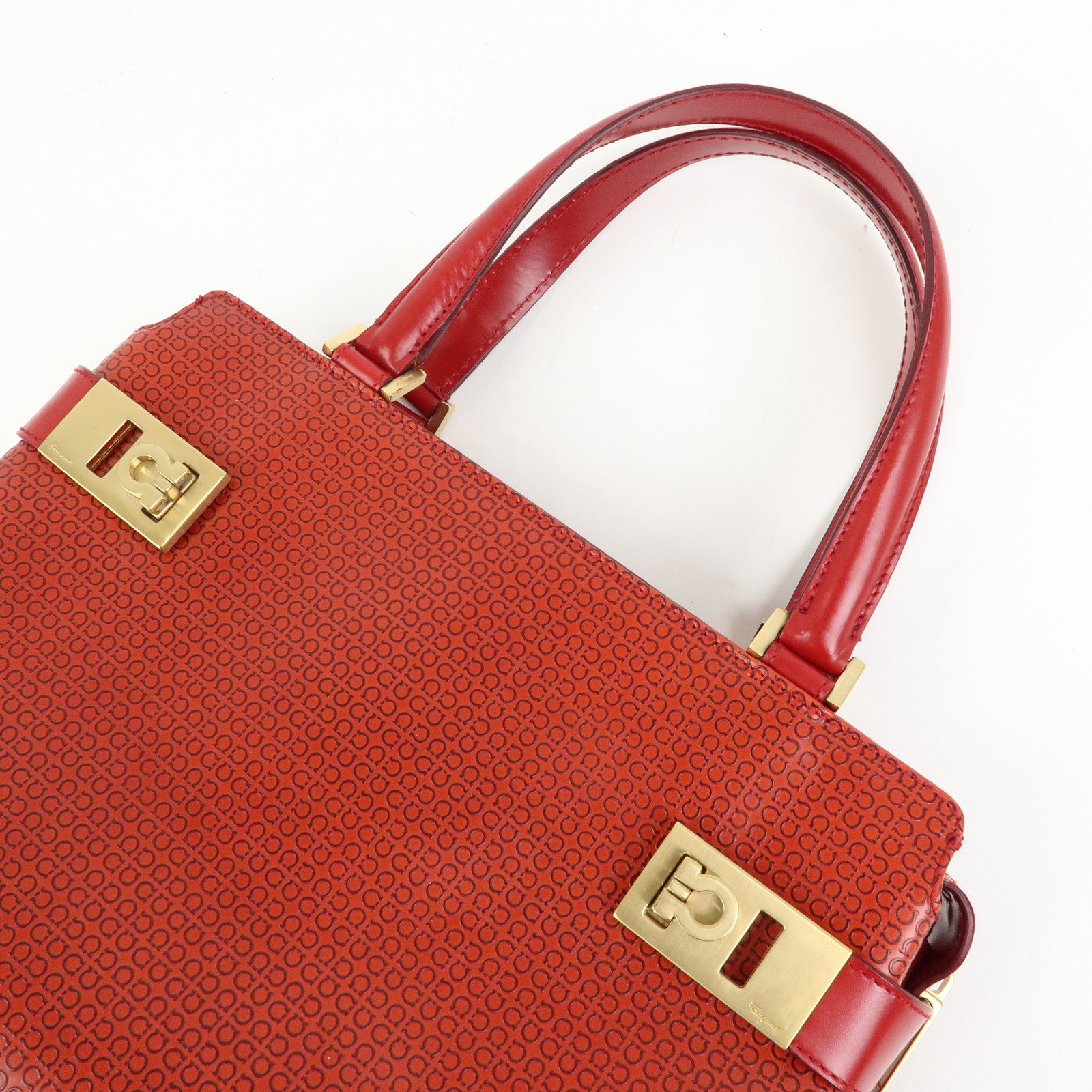 Ferragamo Gancini Side Belt Leather Hand Bag Tote Bag Red