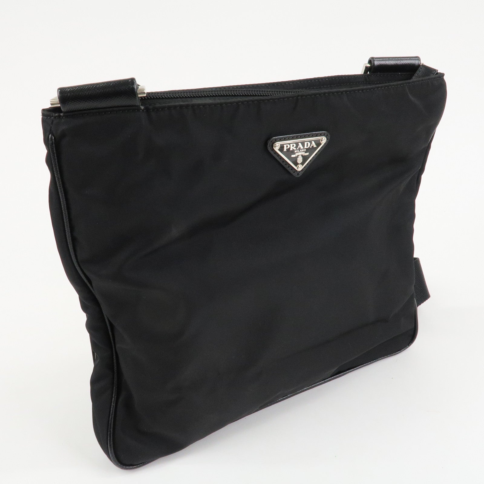 PRADA Triangle Logo Nylon Leather Shoulder Bag Silver HDW Black Used