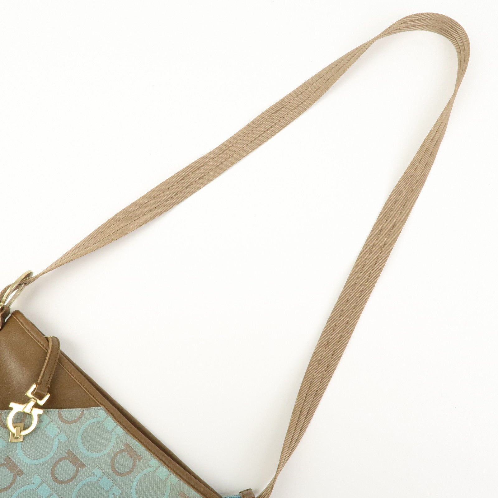 Ferragamo Gancini Logo Canvas Leather Shoulder Bag Light Blue Brown