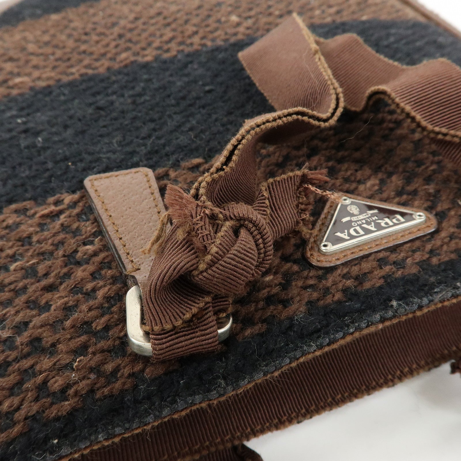 PRADA Triangle Logo Tweed Canvas Hand Bag Brown Black B11268