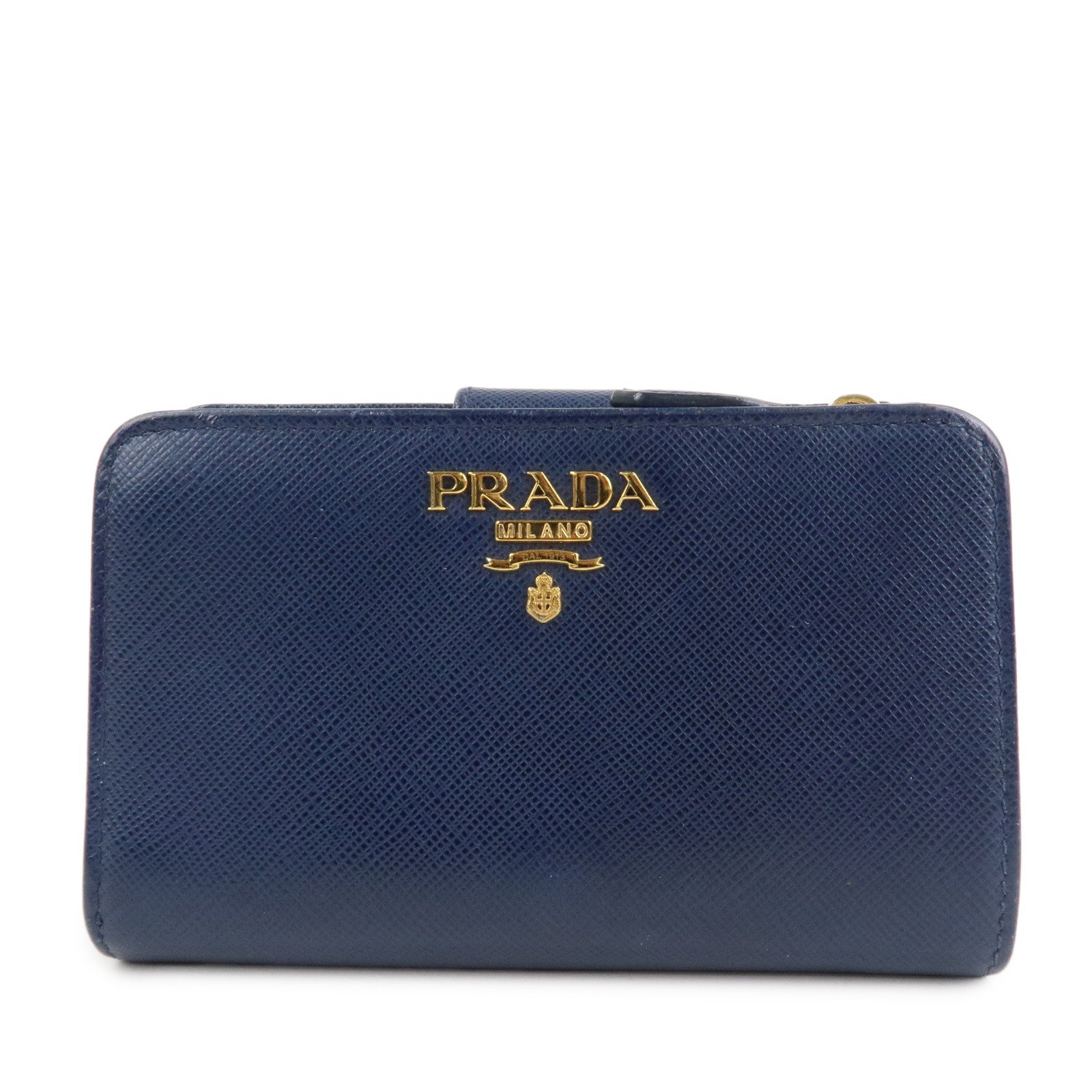 PRADA Logo Saffiano Leather Bi-fold Compact Wallet Navy 1ML018