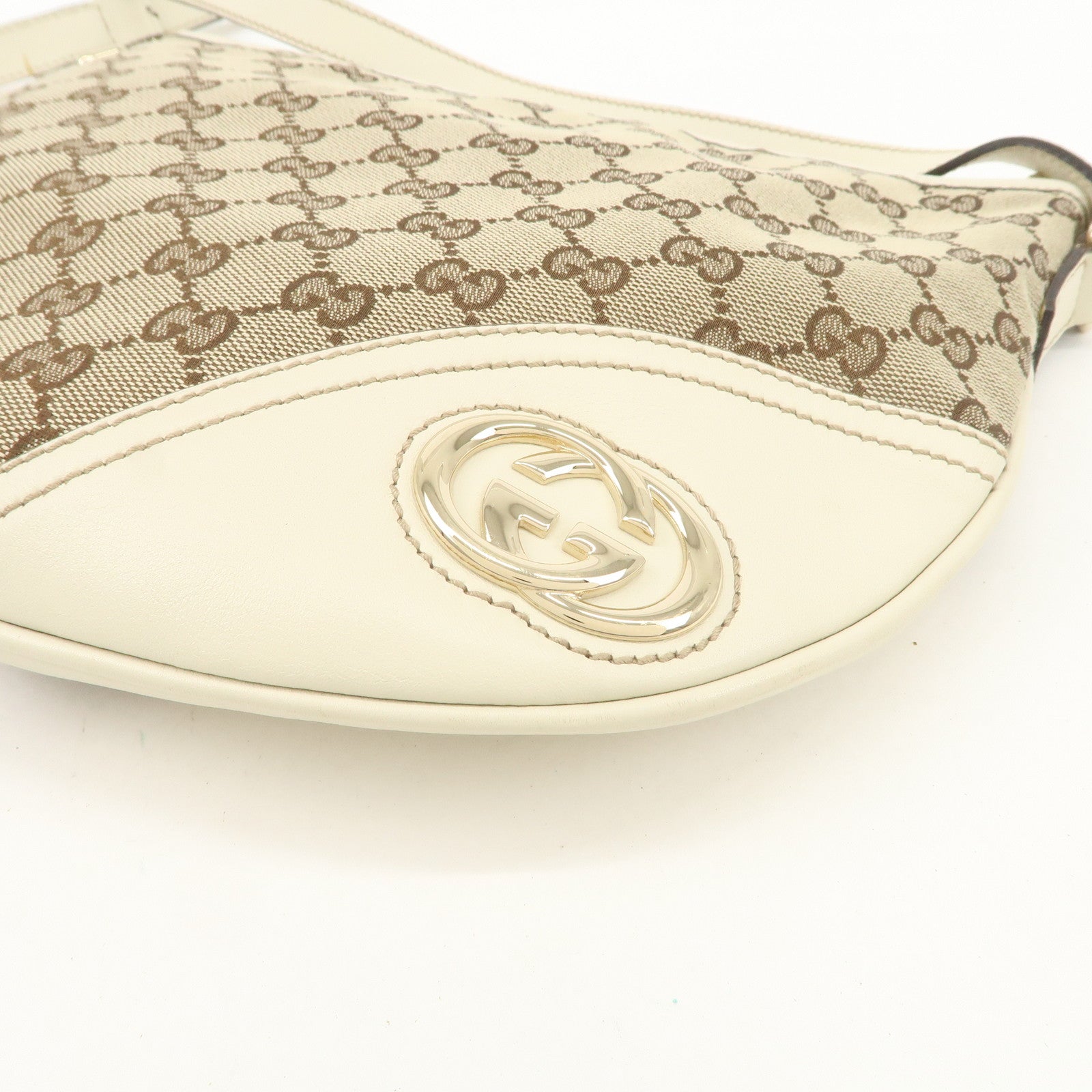 GUCCI Interlocking G GG Canvas Leather Shoulder Bag Beige 16998 Used