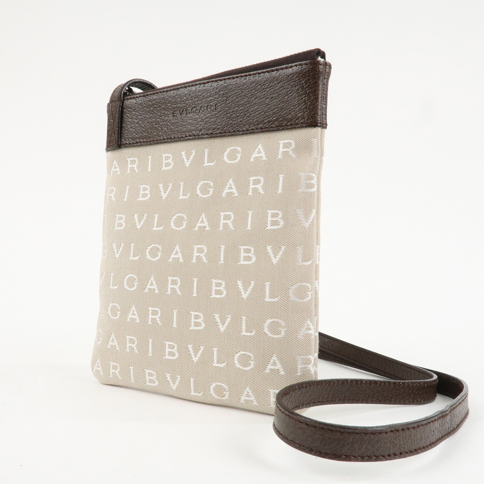 BVLGARI Logo Mania Leather Canvas Shoulder Bag Beige Dark Brown Used