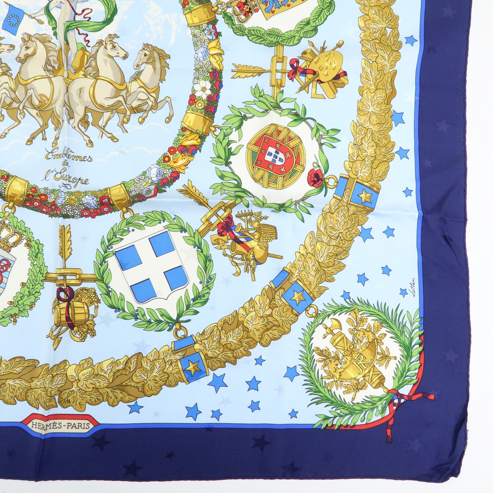 HERMES Carre 90 Silk 100% Scarf Emblemes de L’Europe Light Blue