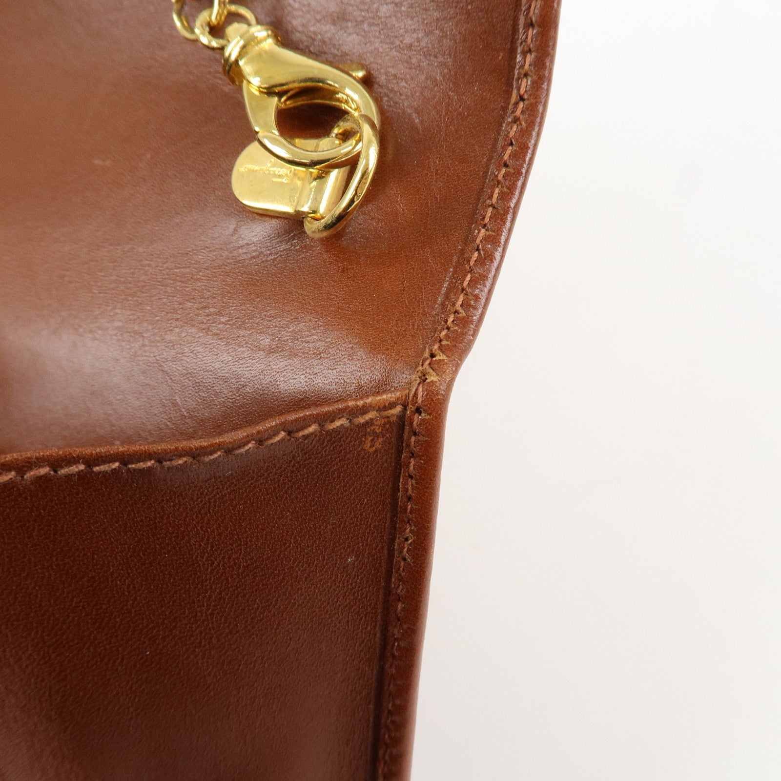 Ferragamo Gancini Leather Chain Shoulder Bag Brown Gold HDW Used