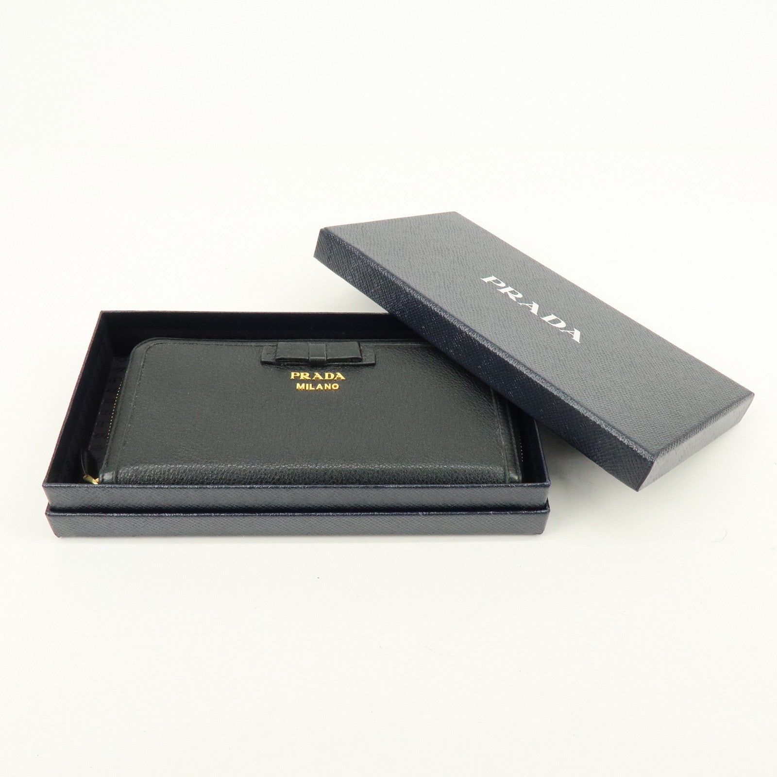 PRADA Ribbon Logo Leather Round Zippy Long Wallet Black