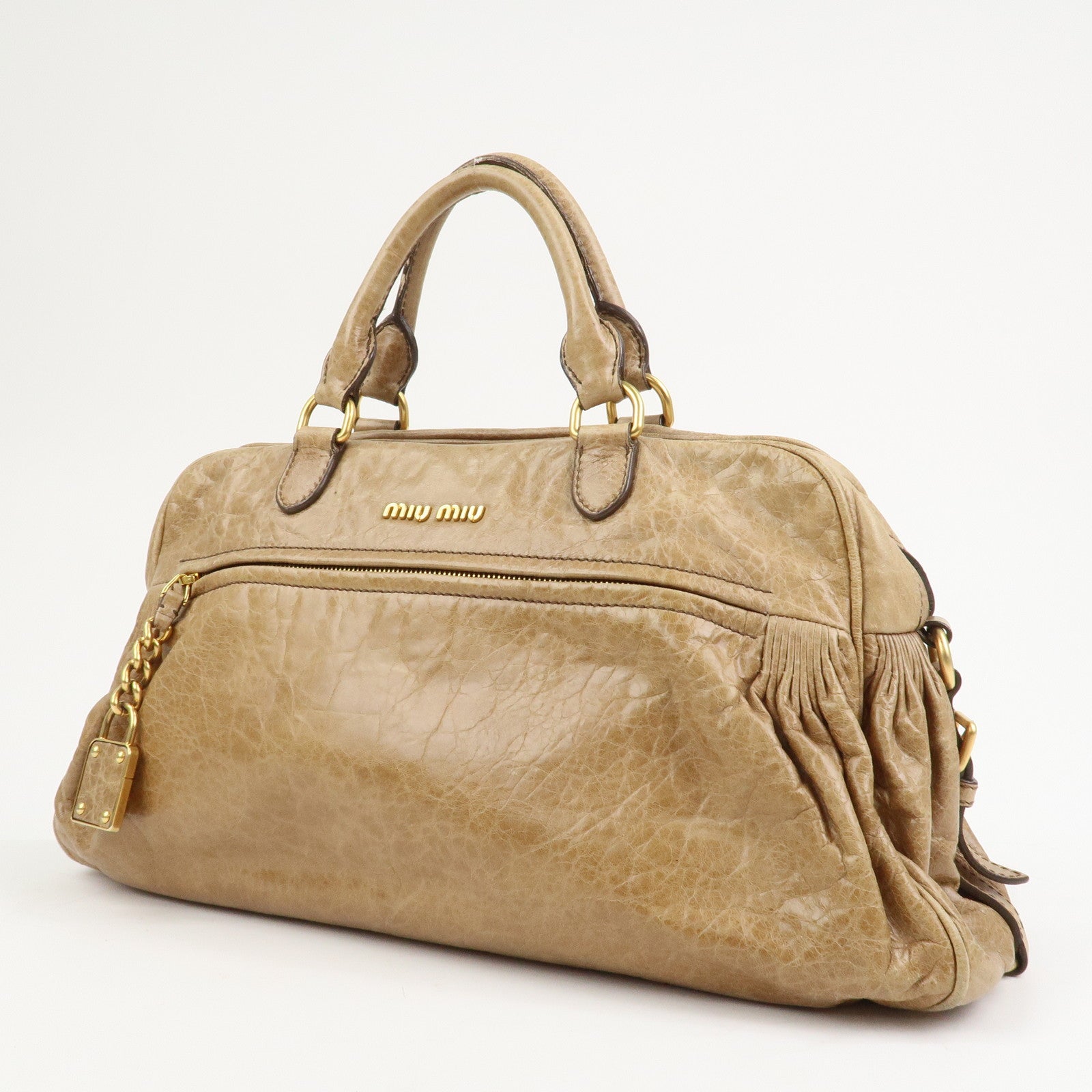 MIU MIU Logo Leather Hand Bag Boston Bag Light Brown