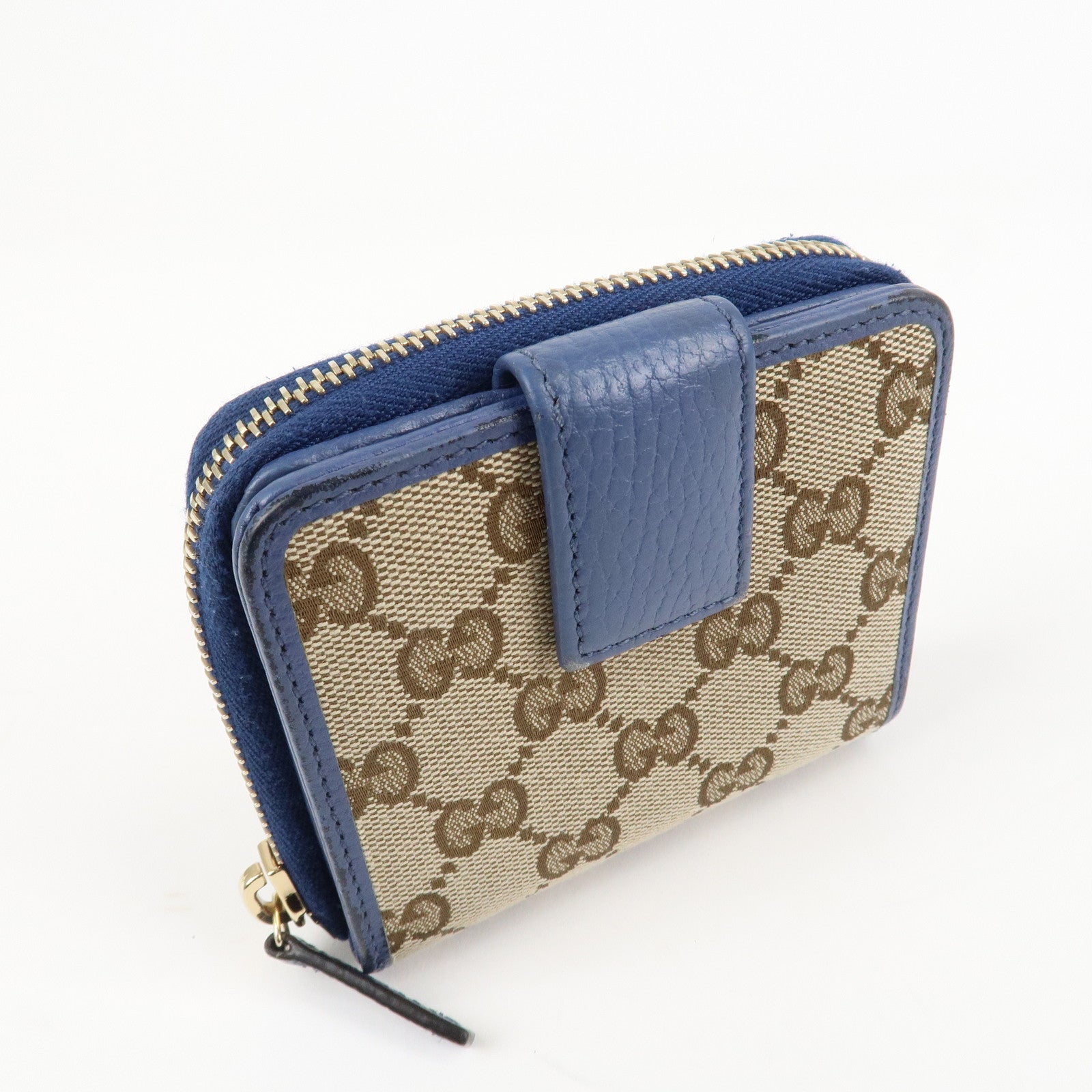 GUCCI GG Canvas Leather Bi-Fold Wallet Beige Blue 346056 Used