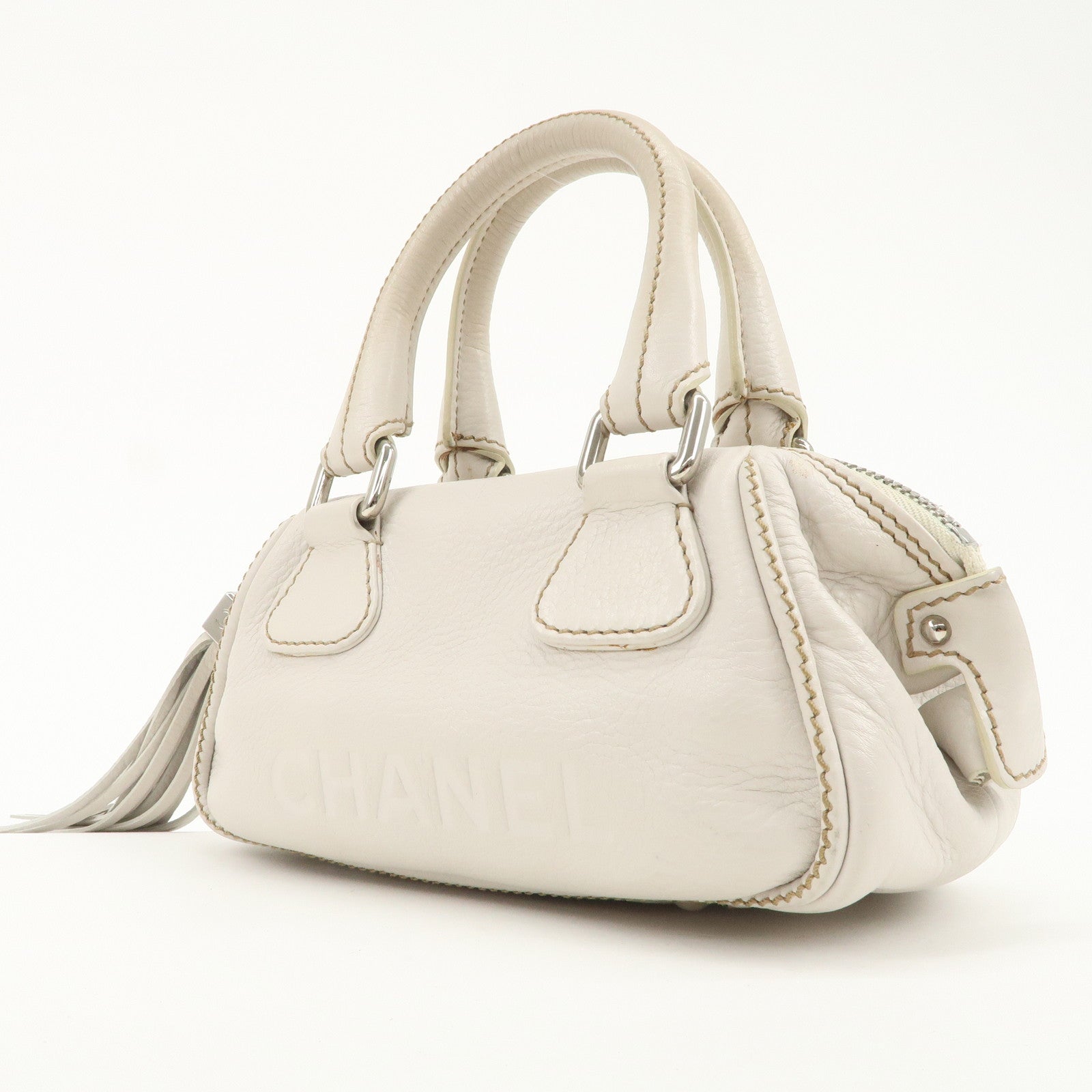 CHANEL Leather Mini Boston Bag Hand Bag Tassel Ivory A23050