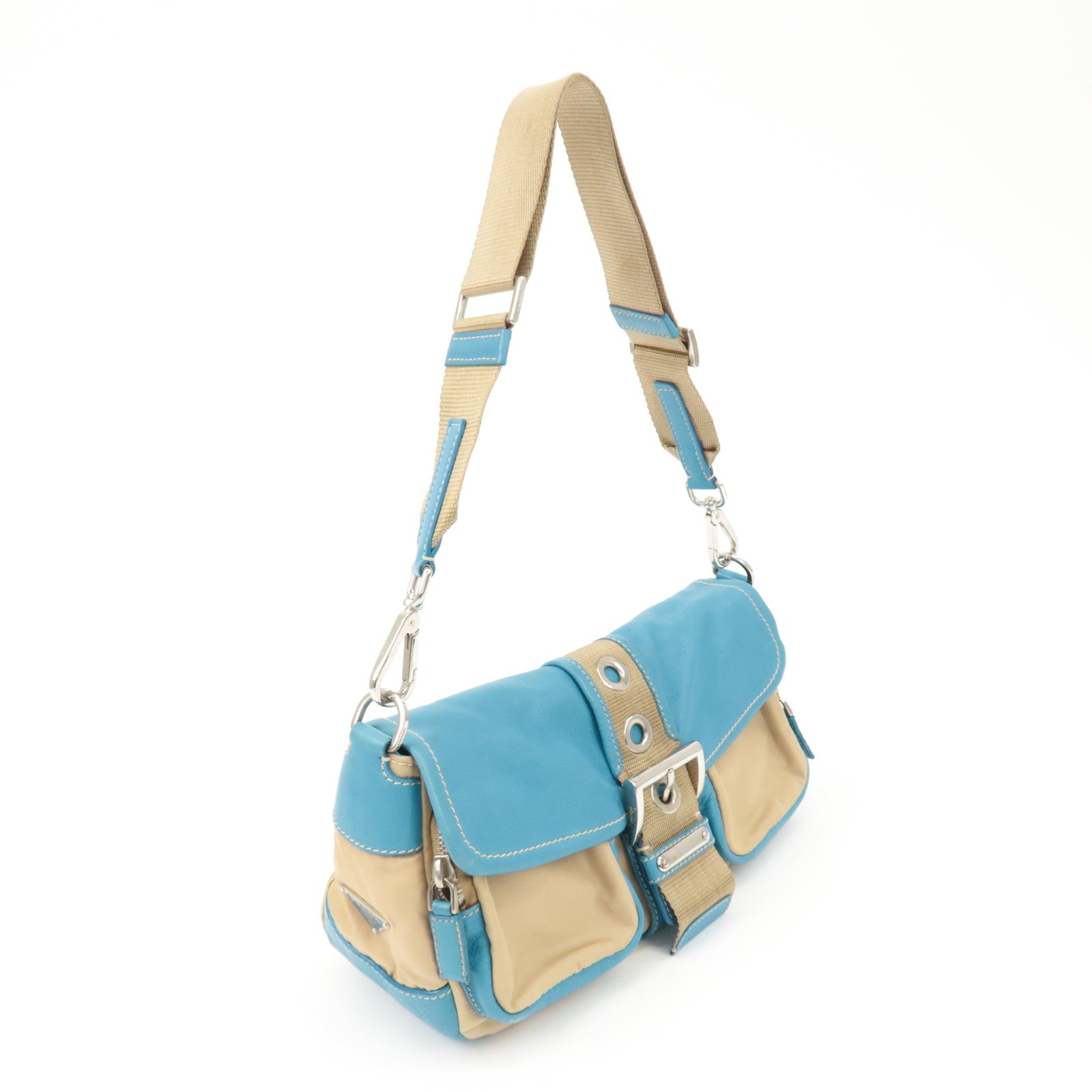 PRADA Nylon Leather Shoulder Bag Crossbody Bag Blue Beige BR2417 Used