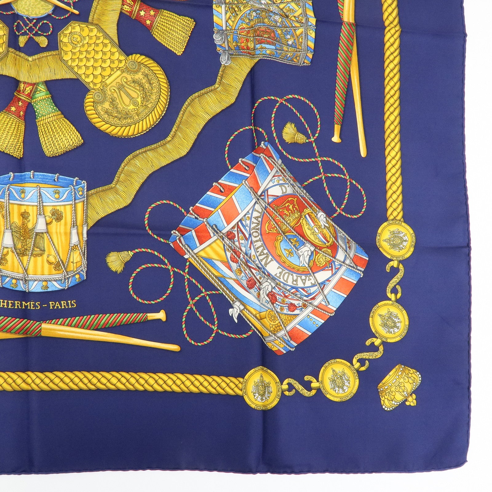HERMES Carre 90 Silk 100% Scarf LES TAMBOURS Navy Gold