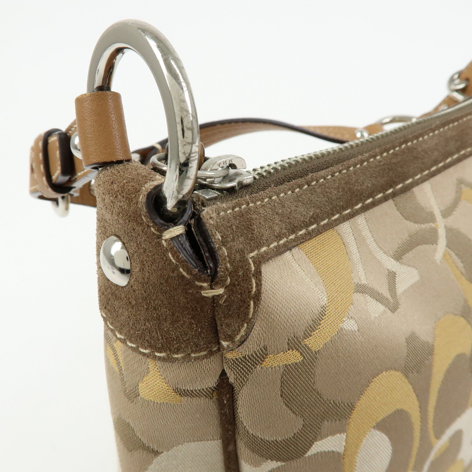 COACH Signature Canvas Suede Leather Shoulder Bag Beige Brown