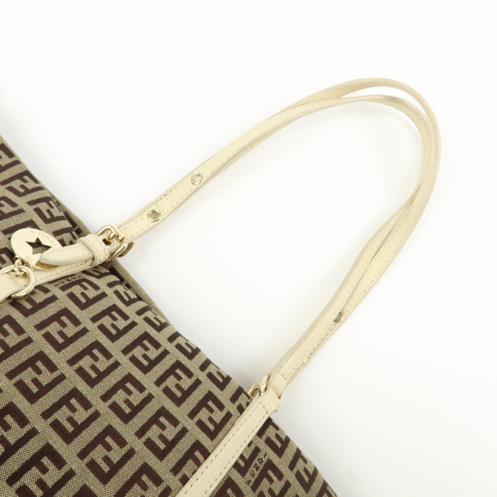 FENDI Zucchino Canvas Leather Tote Bag Hand Bag Brown Ivory 8BH214
