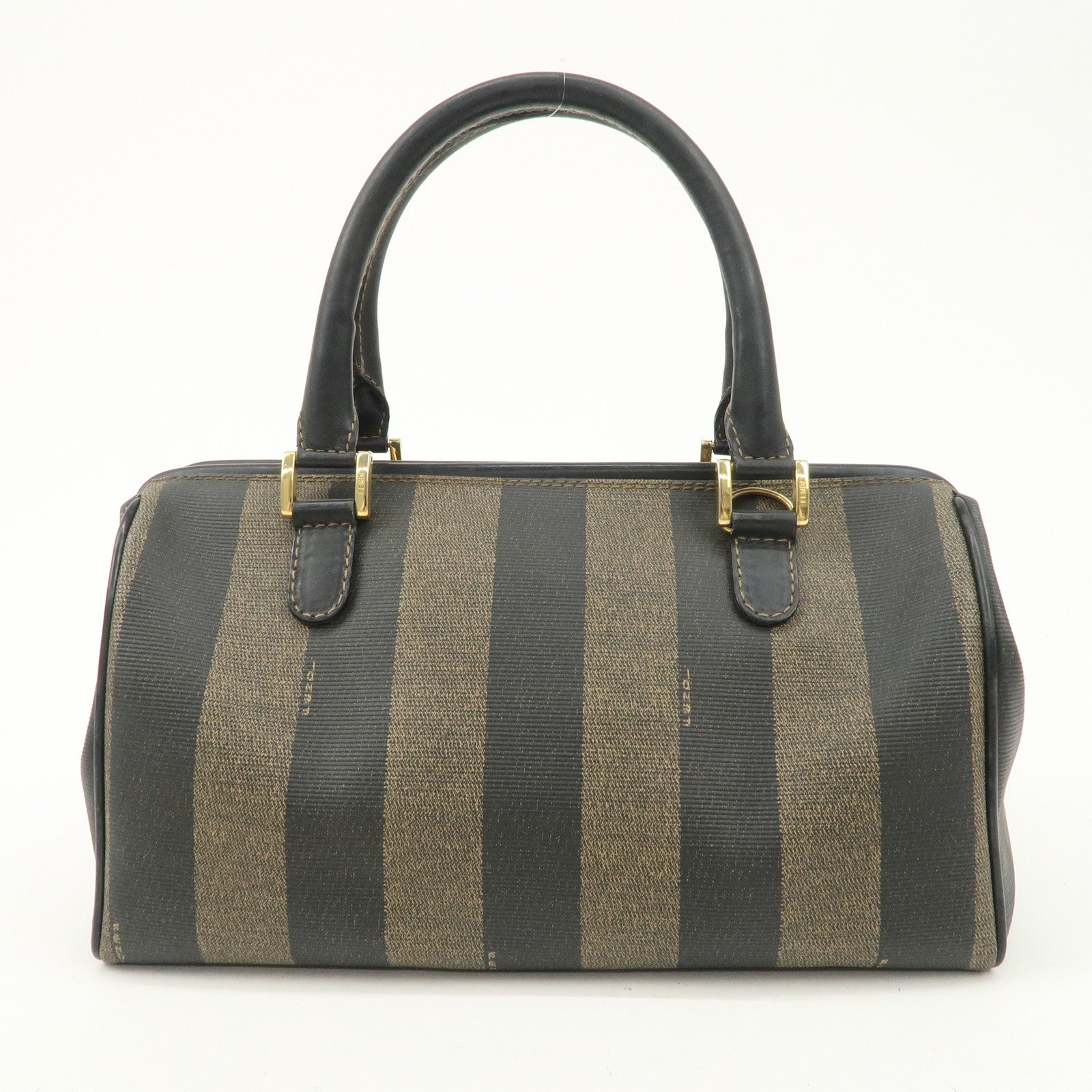 FENDI Pequin PVC Canvas Hand Bag Boston Bag Black Brown Used