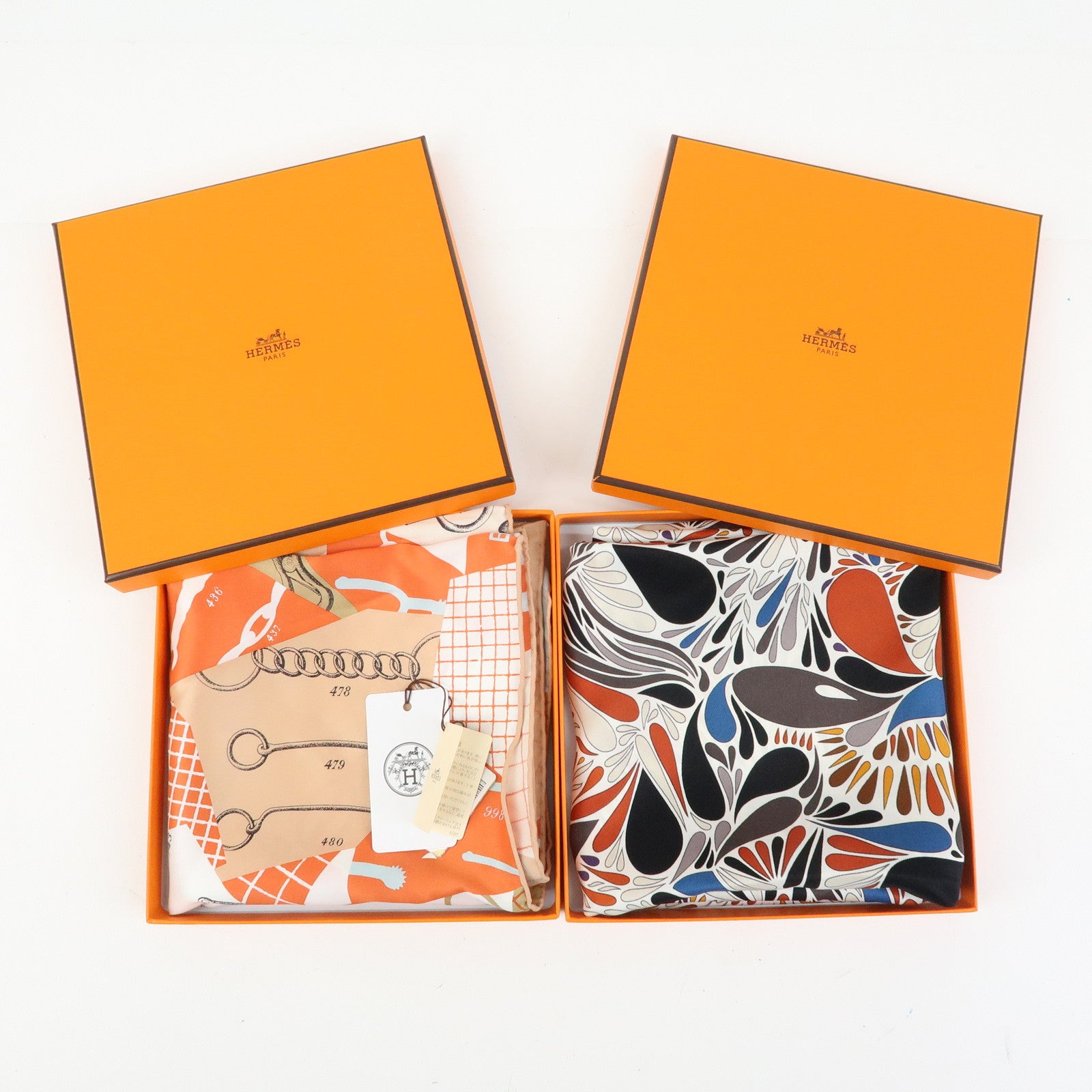 HERMES Carre 65 Set of 2 Silk 100% Scarf Beige Brown Orange
