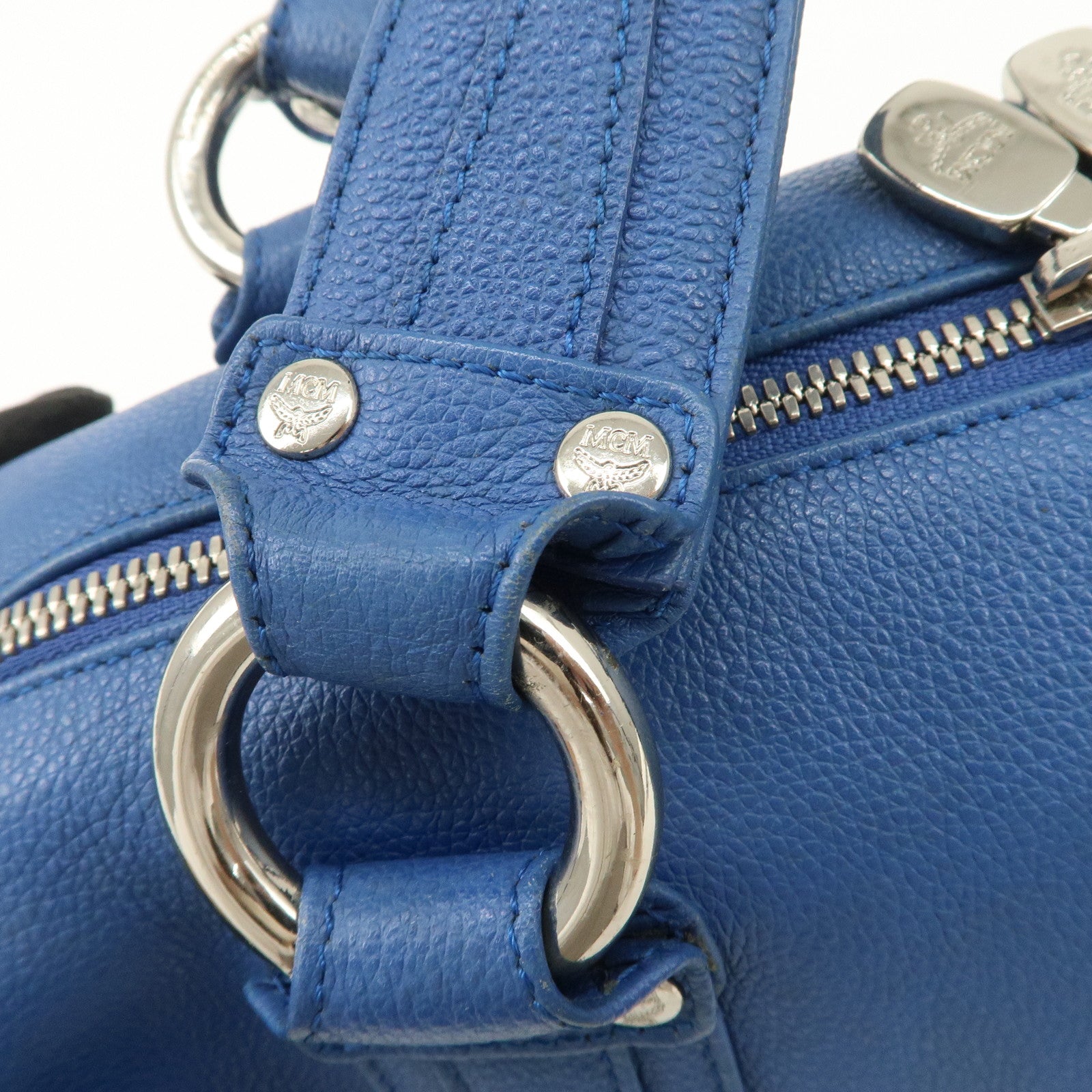 MCM Logo Leather Hand Bag Silver Studs Blue
