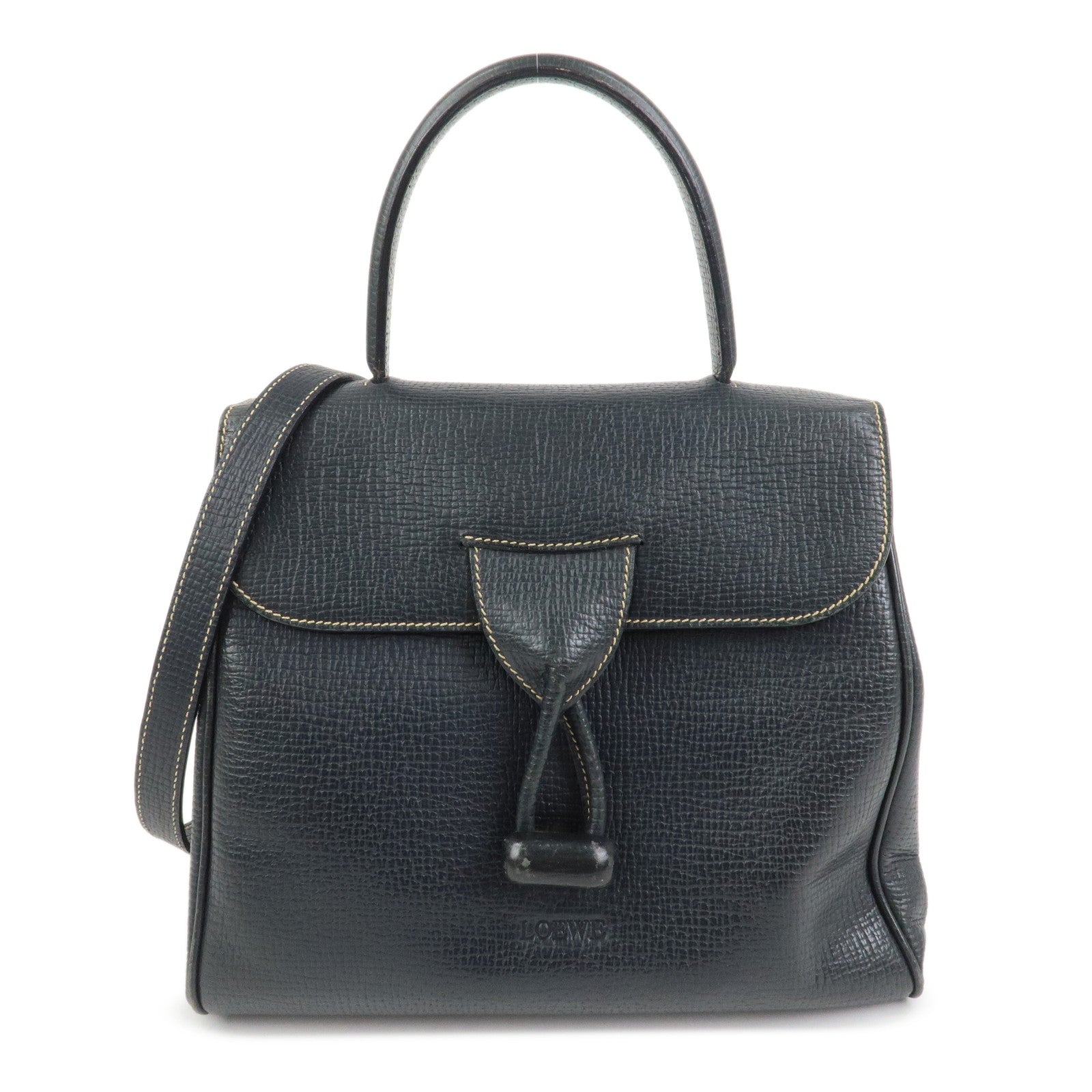 LOEWE Leather 2Way Bag Hand Bag Shoulder Bag Dark Navy
