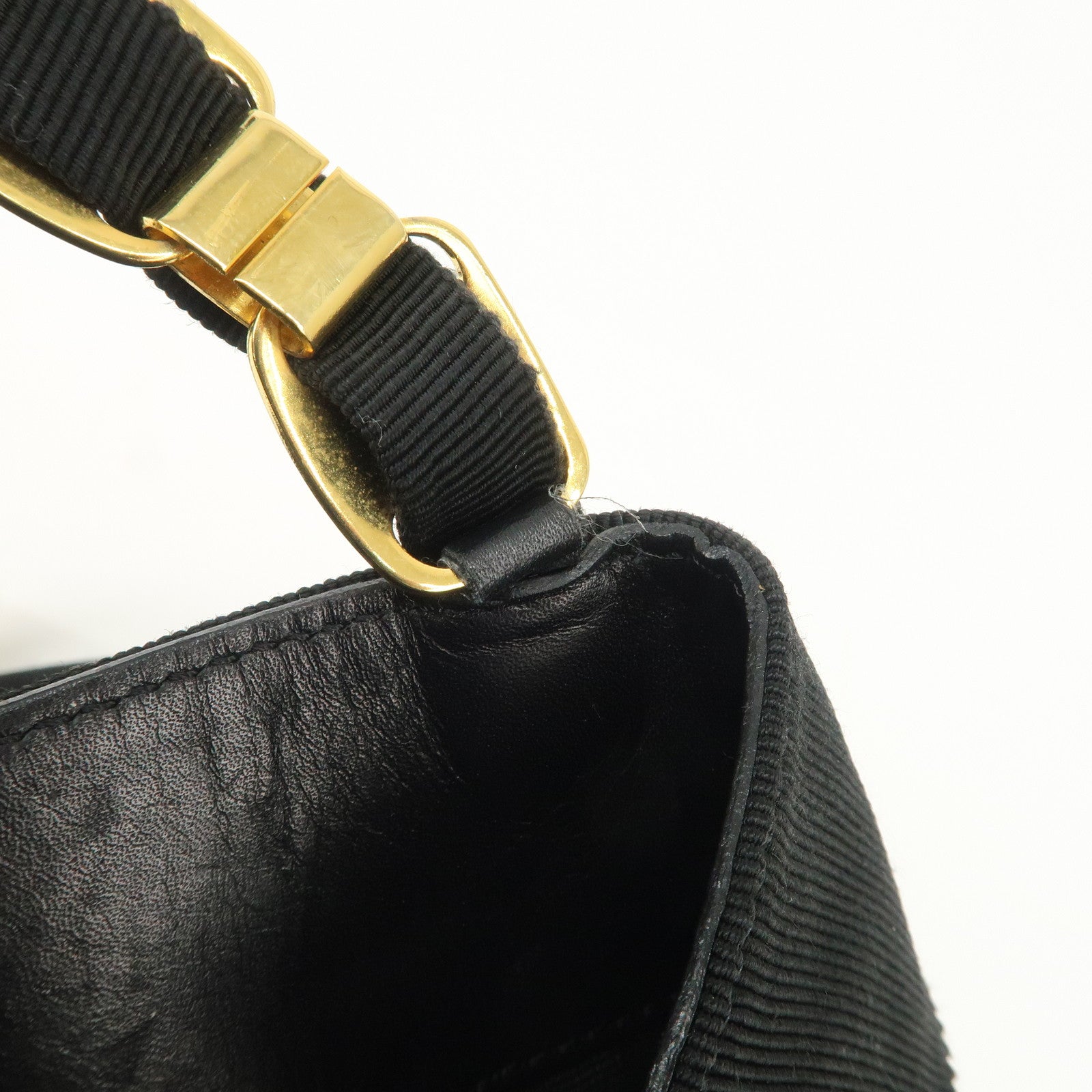 Ferragamo Leather Canvas Chain Tote Bag Hand Bag Black Gold Hardware Used