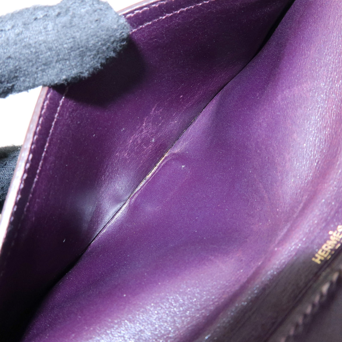 HERMES Bearn Box Calf Leather Bi-fold Long Wallet Purple