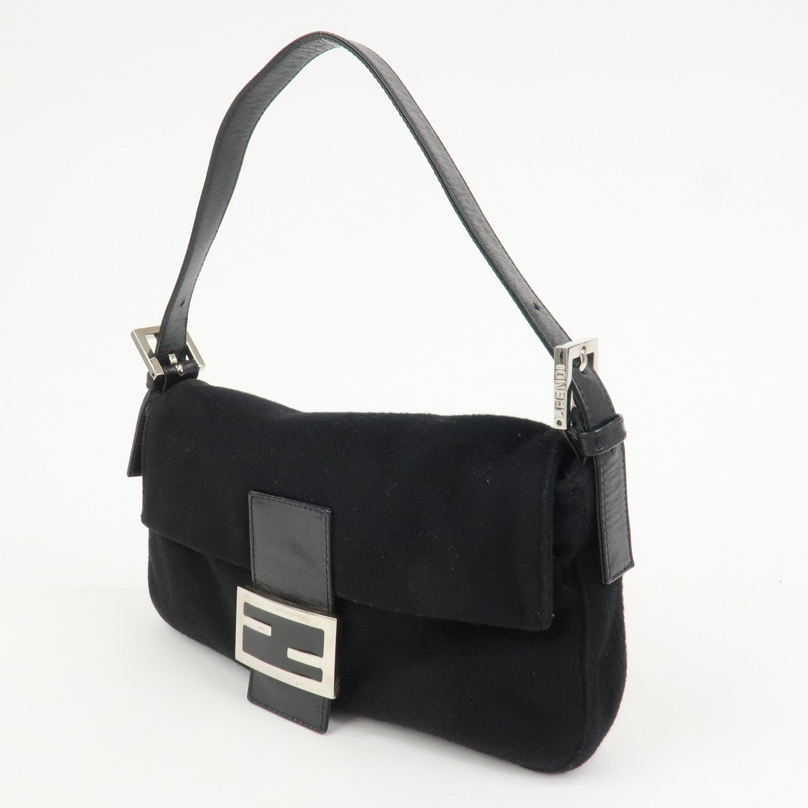 FENDI Mamma Baguette Wool Leather Shoulder Bag Hand Bag Black 26424