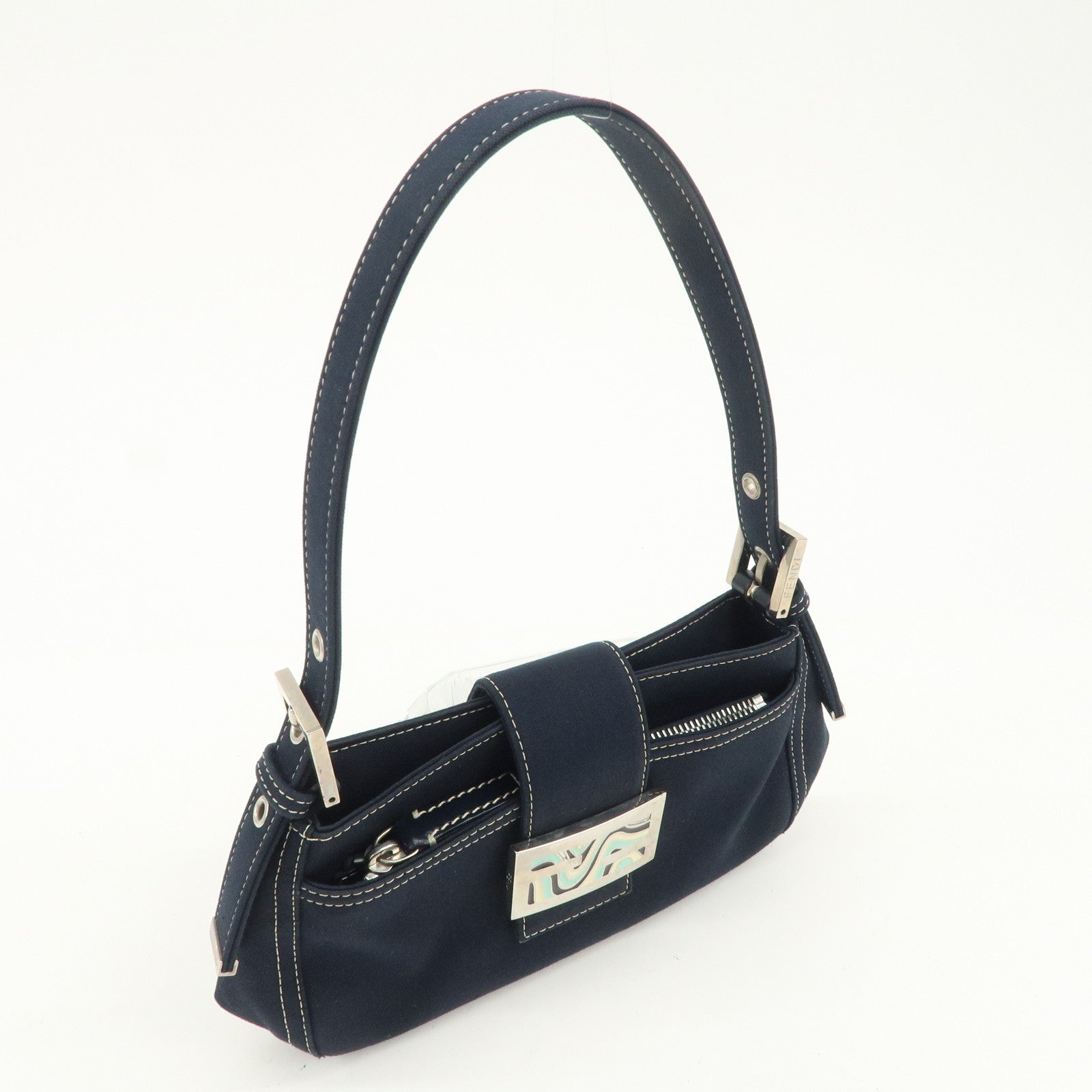 FENDI Logo Canvas Shoulder Bag Hand Bag Dark Navy