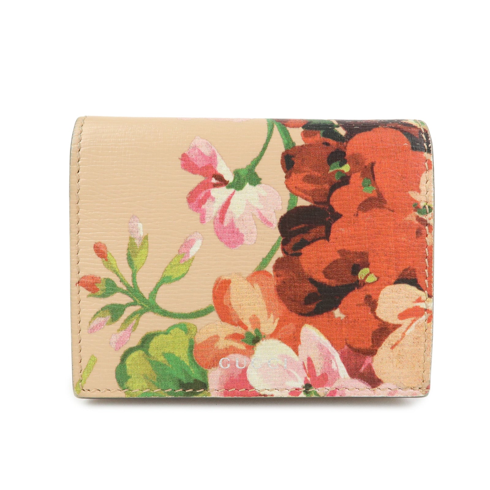 GUCCI Flora Leather Compact Bi-Fold Wallet Pink 410120