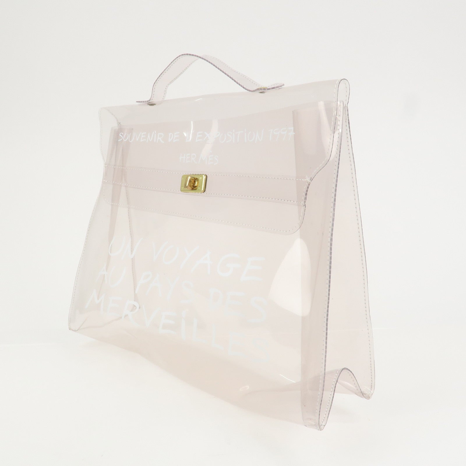 HERMES Kelly Vinyl Hand Bag Clear Transparent White Gold
