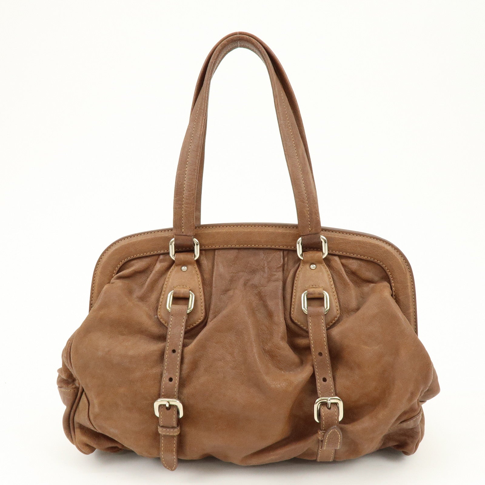 PRADA Triangle Logo Leather Boston Bag Hand Bag Doctor Bag Brown