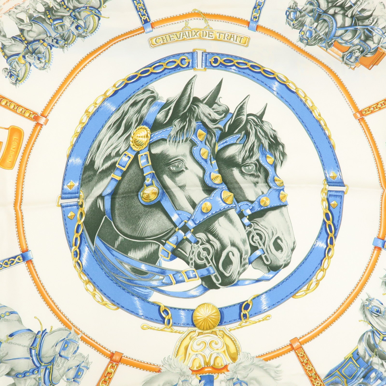 HERMES Carre 90 Silk 100% Scarf CHEVAUX DE TRAIT Ivory Multicolor
